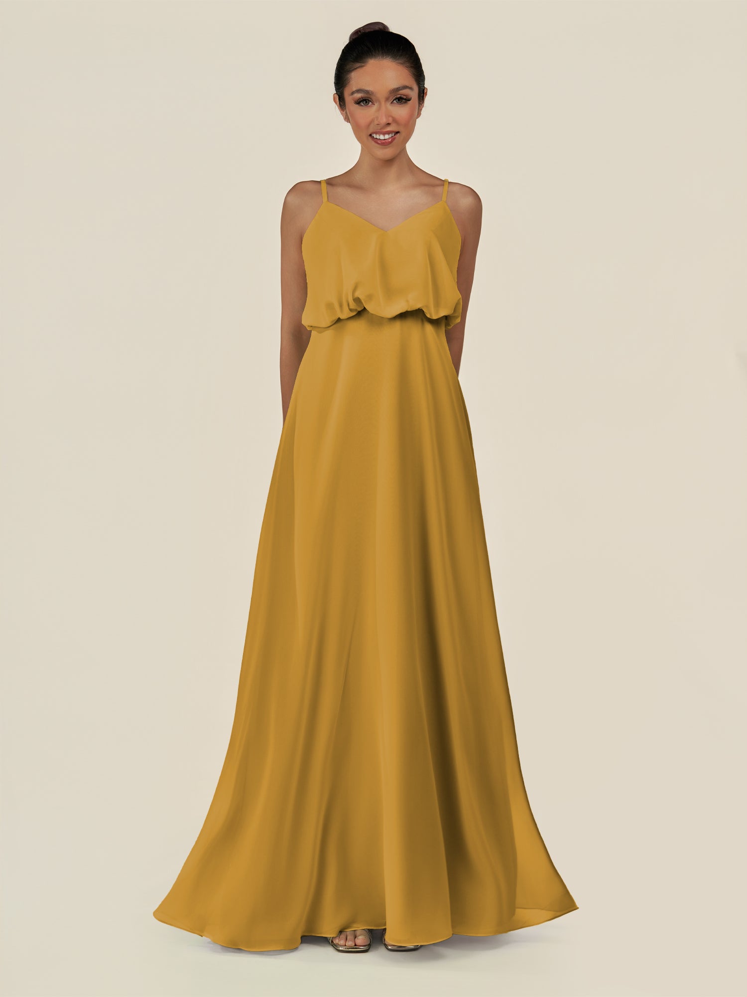 KissDress-Alix Marigold A Line Chiffon V Neck Ruffled Overlay Long Bridesmaid Dress