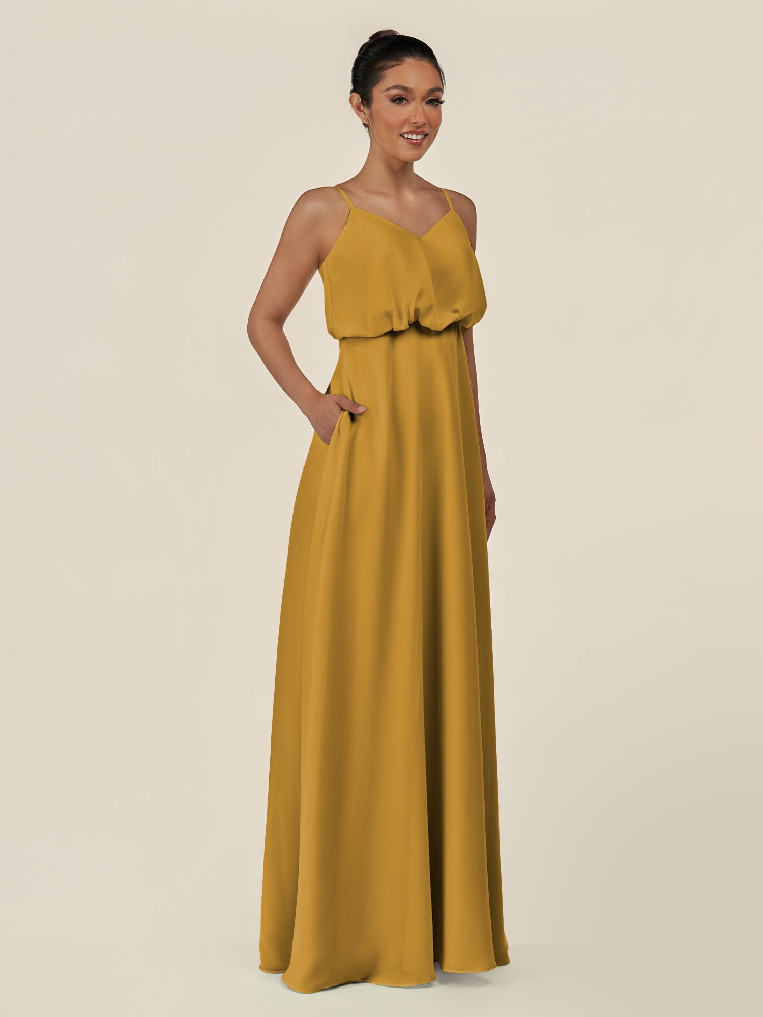 KissDress-Alix Marigold A Line Chiffon V Neck Ruffled Overlay Long Bridesmaid Dress