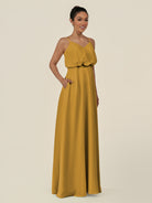 KissDress-Alix Marigold A Line Chiffon V Neck Ruffled Overlay Long Bridesmaid Dress