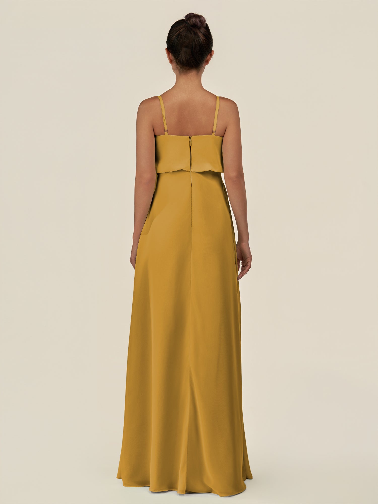 KissDress-Alix Marigold A Line Chiffon V Neck Ruffled Overlay Long Bridesmaid Dress