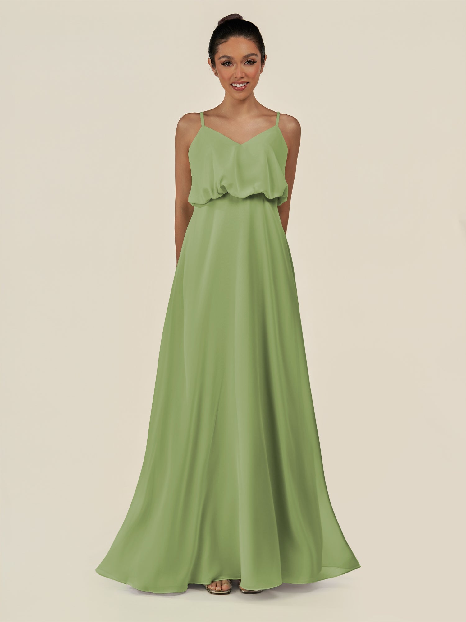 KissDress-Alix Matcha A Line Chiffon V Neck Ruffled Overlay Long Bridesmaid Dress