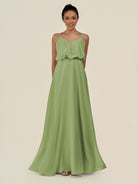 KissDress-Alix Matcha A Line Chiffon V Neck Ruffled Overlay Long Bridesmaid Dress