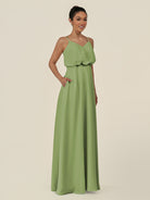 KissDress-Alix Matcha A Line Chiffon V Neck Ruffled Overlay Long Bridesmaid Dress