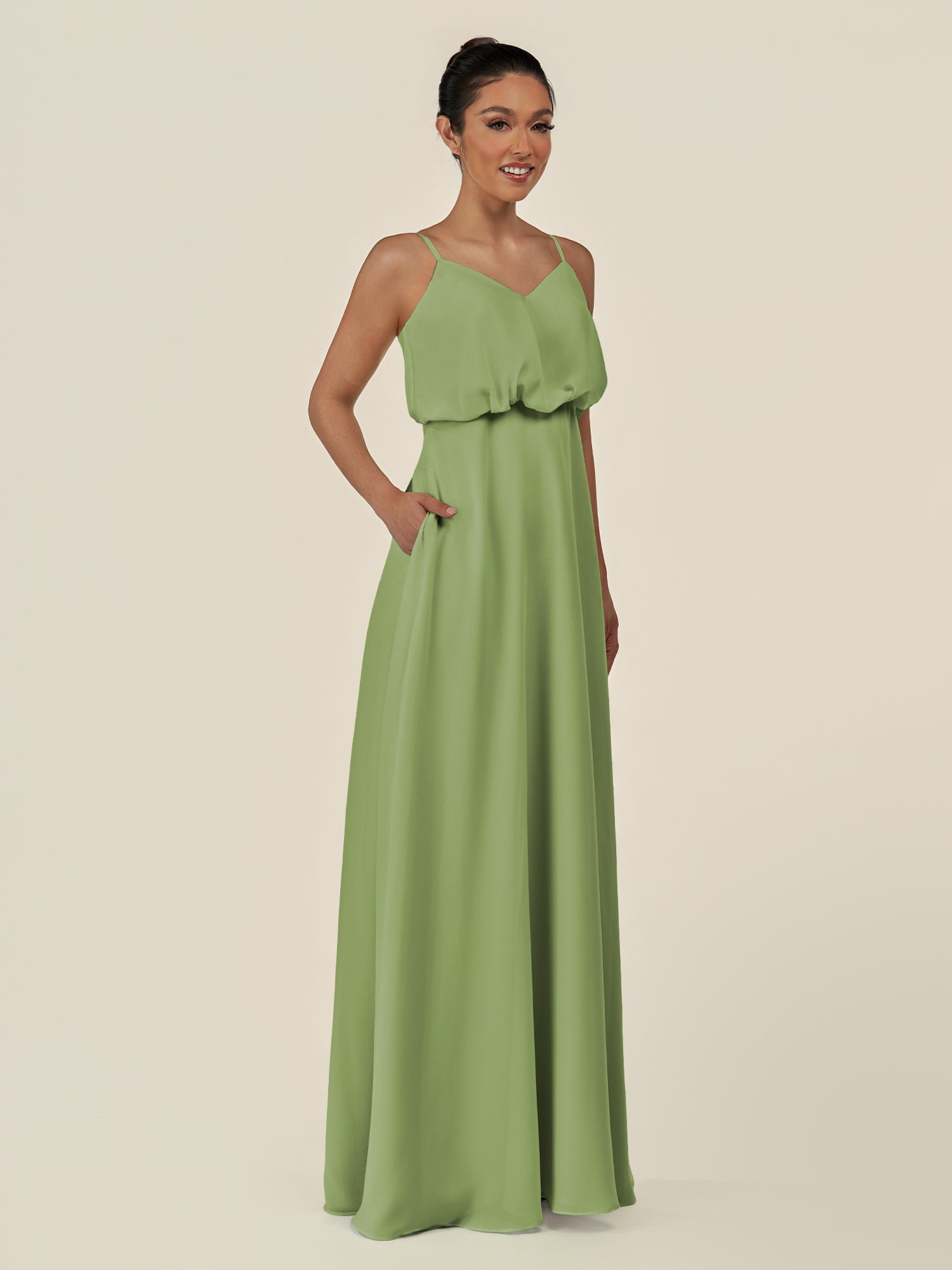KissDress-Alix Matcha A Line Chiffon V Neck Ruffled Overlay Long Bridesmaid Dress