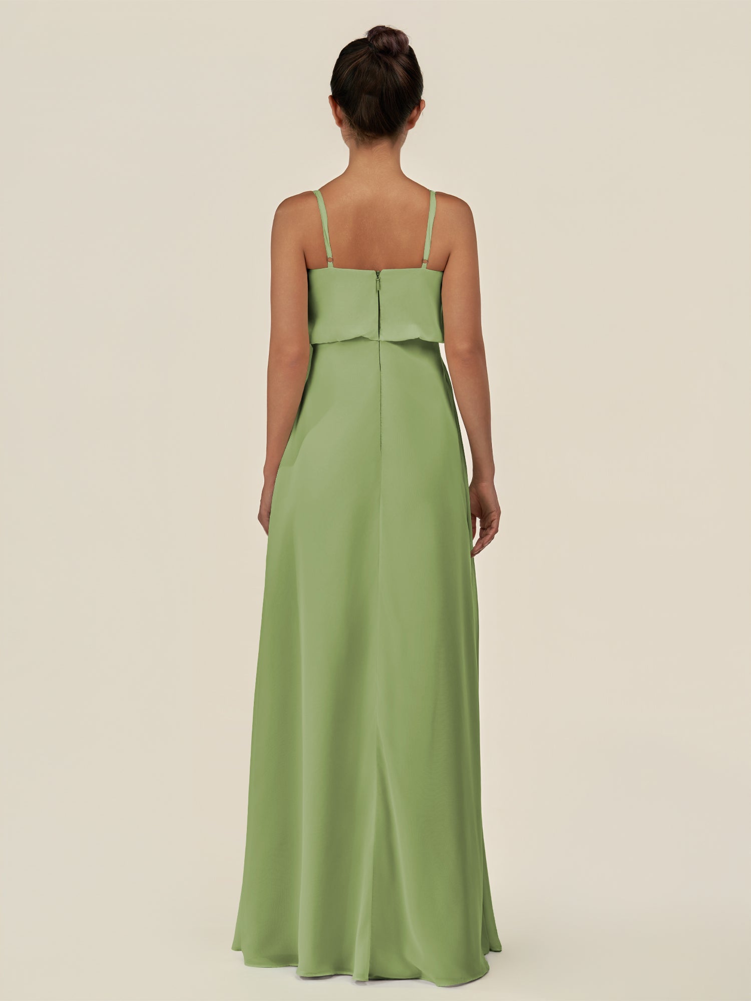 KissDress-Alix Matcha A Line Chiffon V Neck Ruffled Overlay Long Bridesmaid Dress