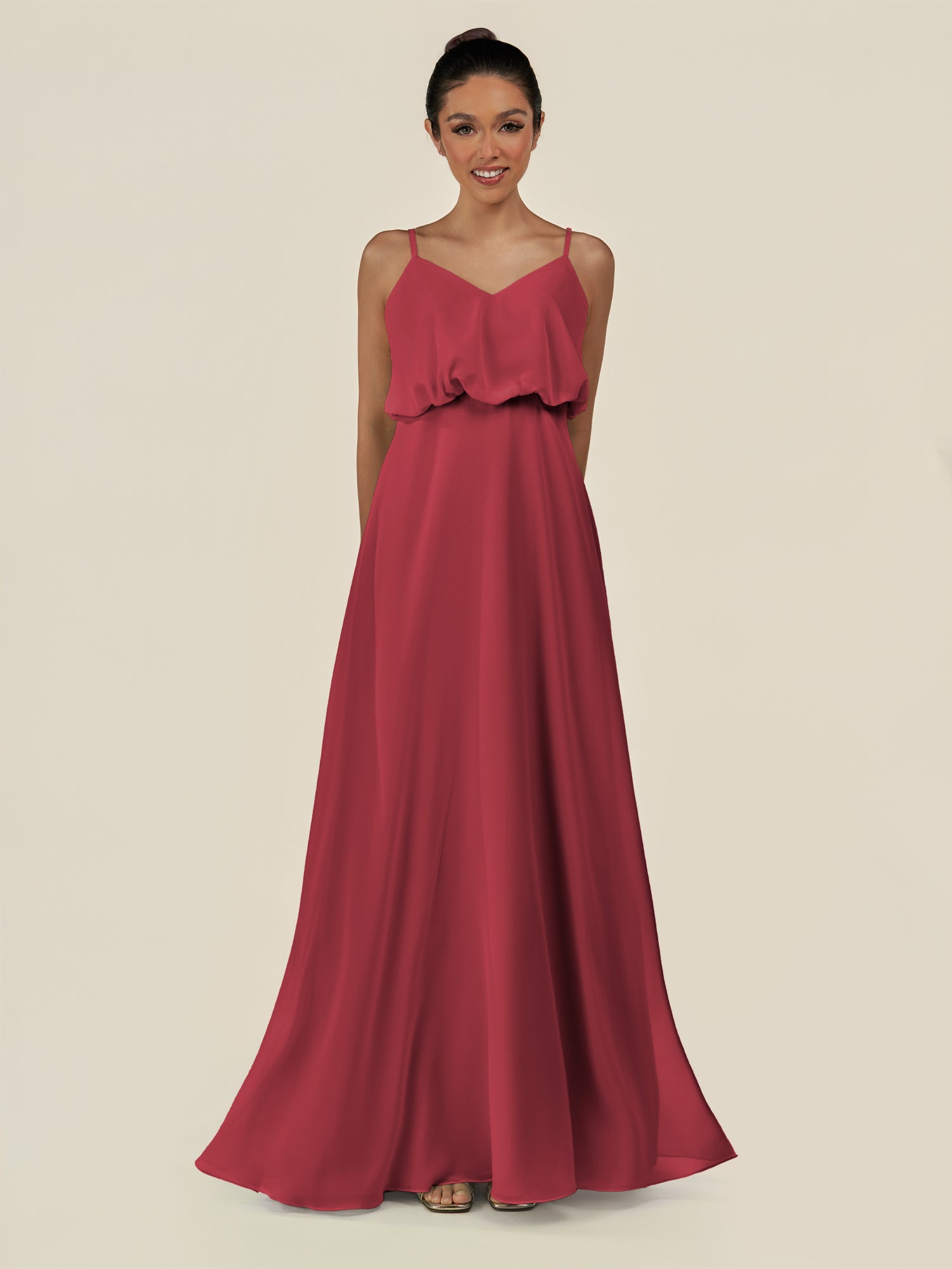 KissDress-Alix Merlot A Line Chiffon V Neck Ruffled Overlay Long Bridesmaid Dress