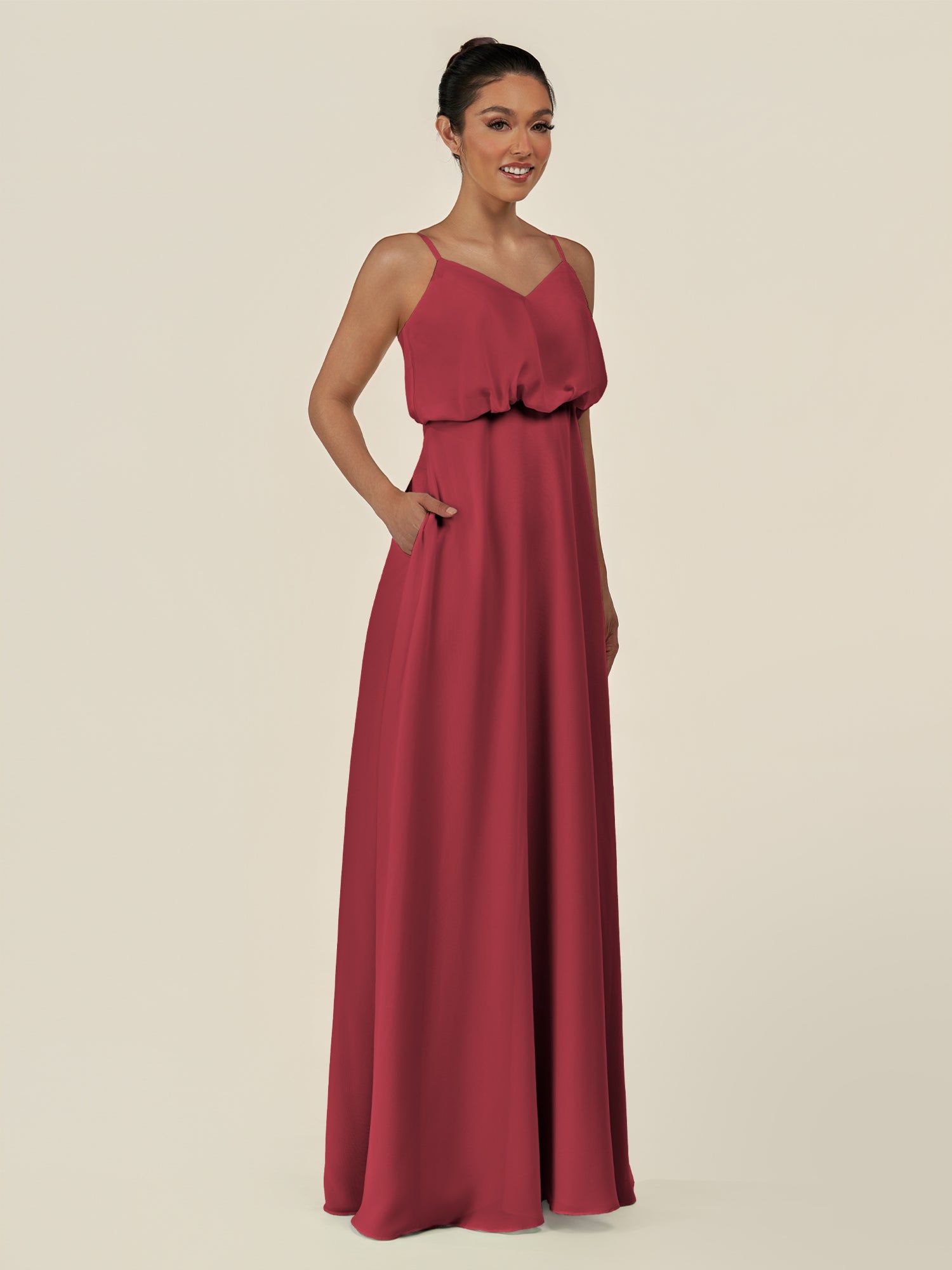 KissDress-Alix Merlot A Line Chiffon V Neck Ruffled Overlay Long Bridesmaid Dress
