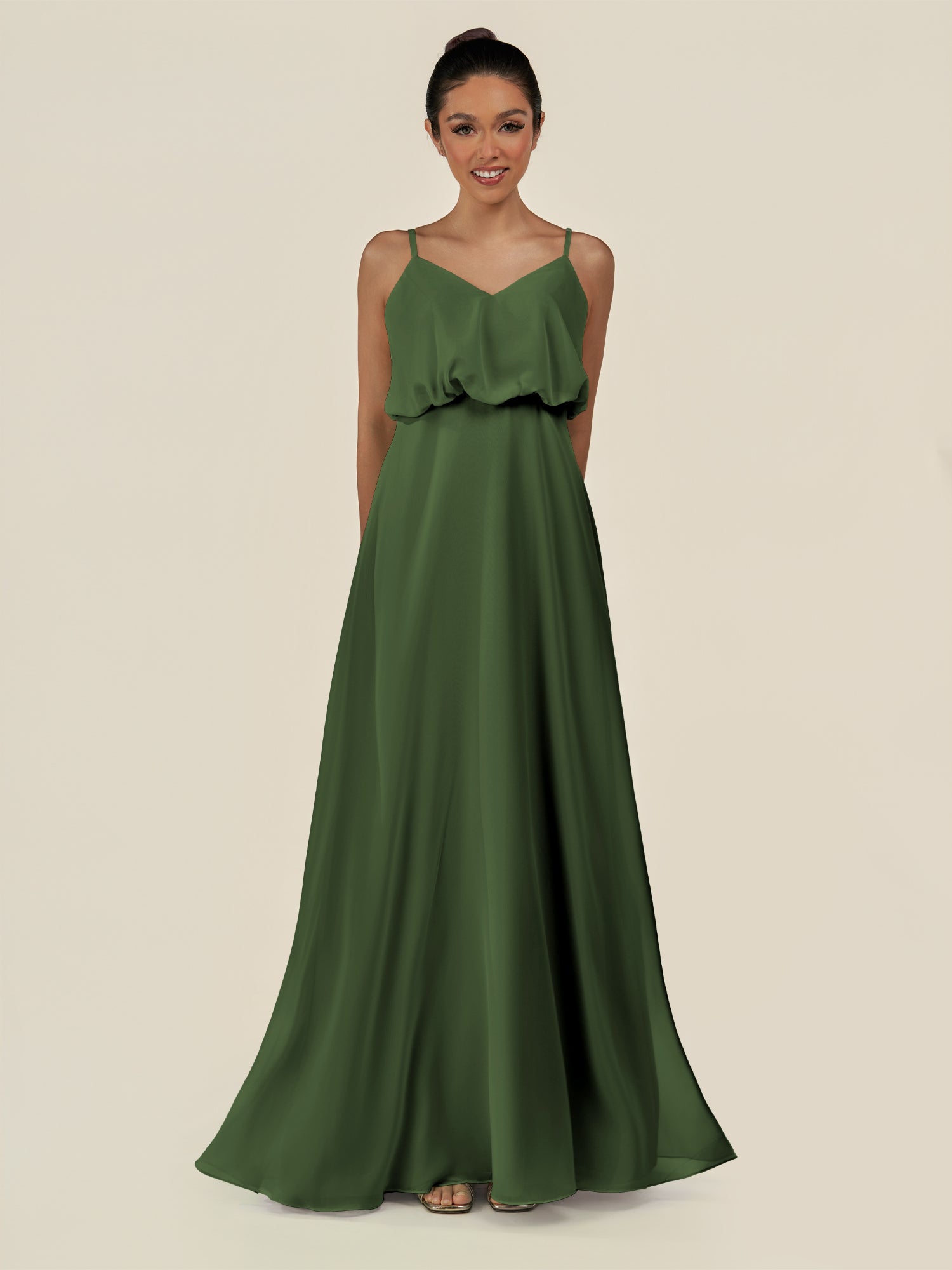KissDress-Alix Moss A Line Chiffon V Neck Ruffled Overlay Long Bridesmaid Dress