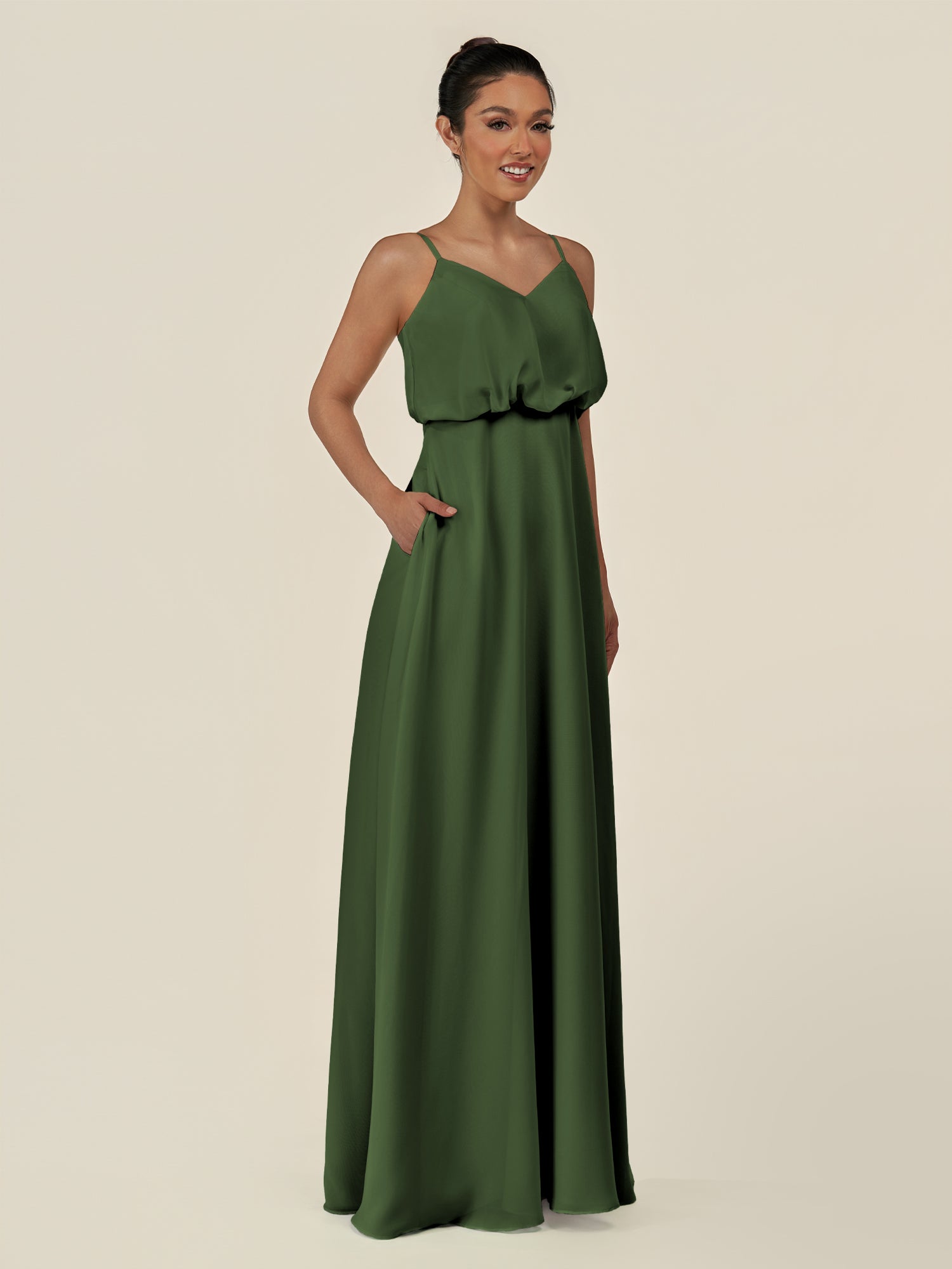 KissDress-Alix Moss A Line Chiffon V Neck Ruffled Overlay Long Bridesmaid Dress