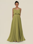 KissDress-Alix Moss Green A Line Chiffon V Neck Ruffled Overlay Long Bridesmaid Dress