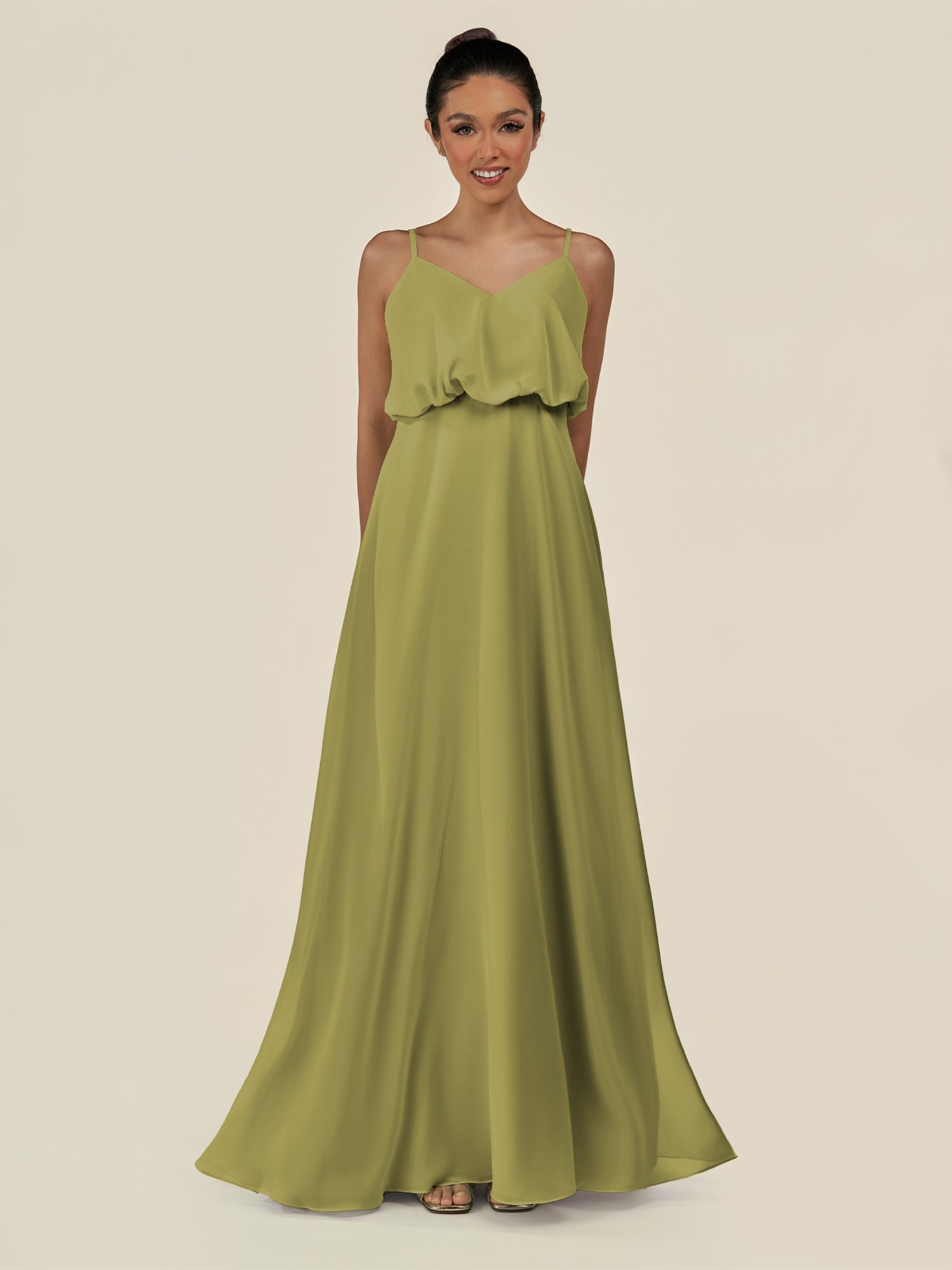 KissDress-Alix Moss Green A Line Chiffon V Neck Ruffled Overlay Long Bridesmaid Dress