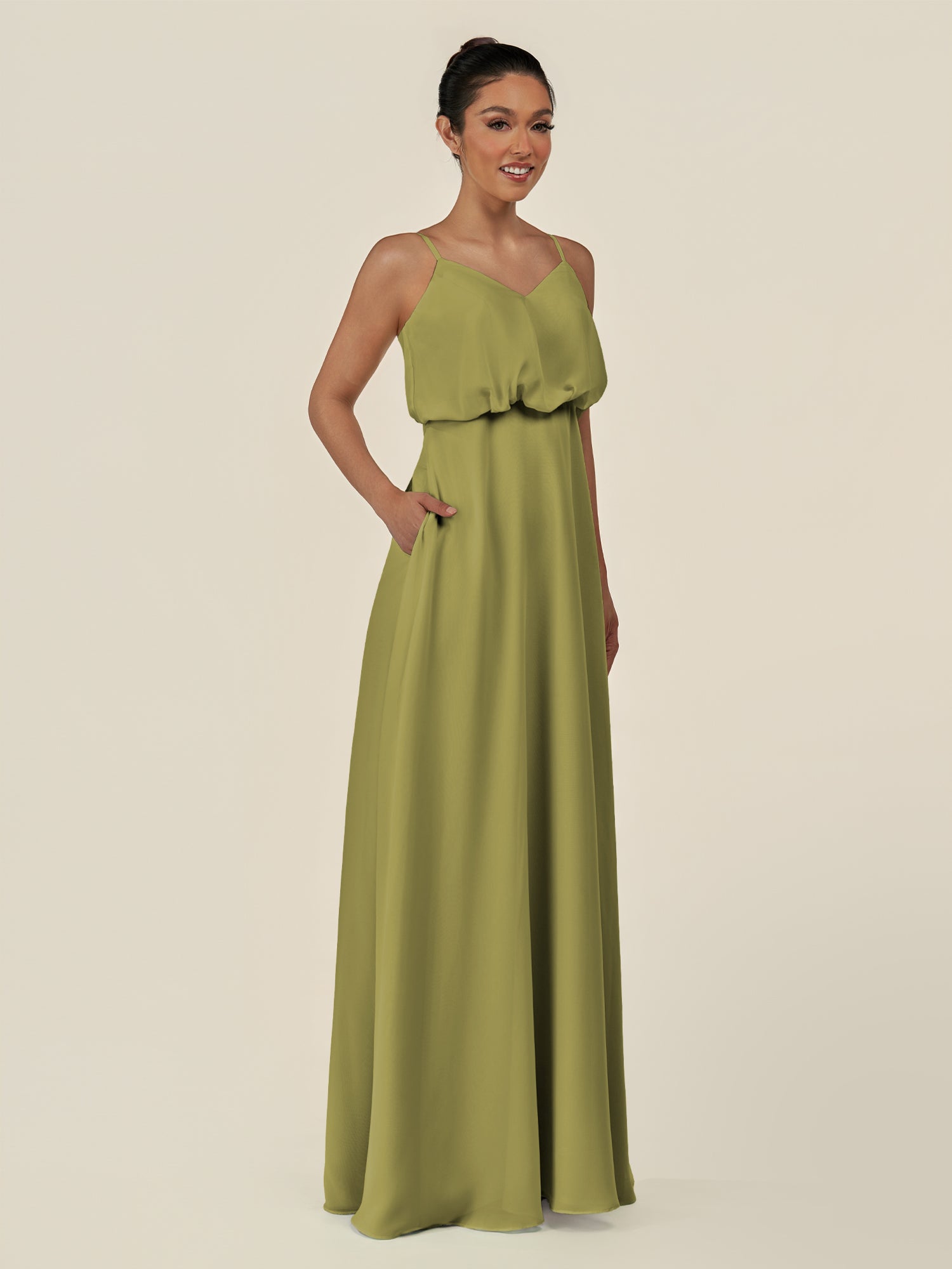 KissDress-Alix Moss Green A Line Chiffon V Neck Ruffled Overlay Long Bridesmaid Dress
