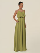 KissDress-Alix Moss Green A Line Chiffon V Neck Ruffled Overlay Long Bridesmaid Dress
