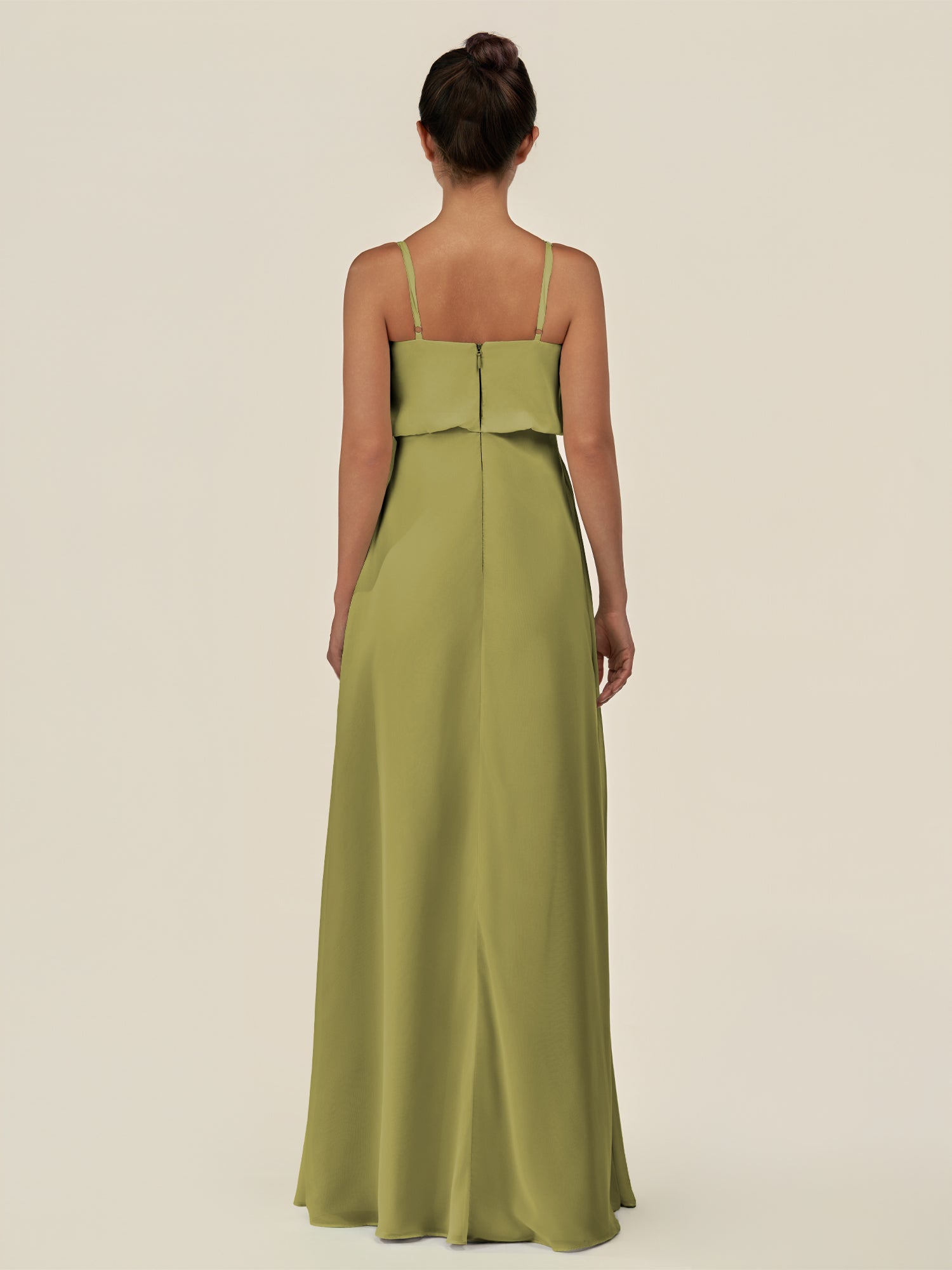 KissDress-Alix Moss Green A Line Chiffon V Neck Ruffled Overlay Long Bridesmaid Dress