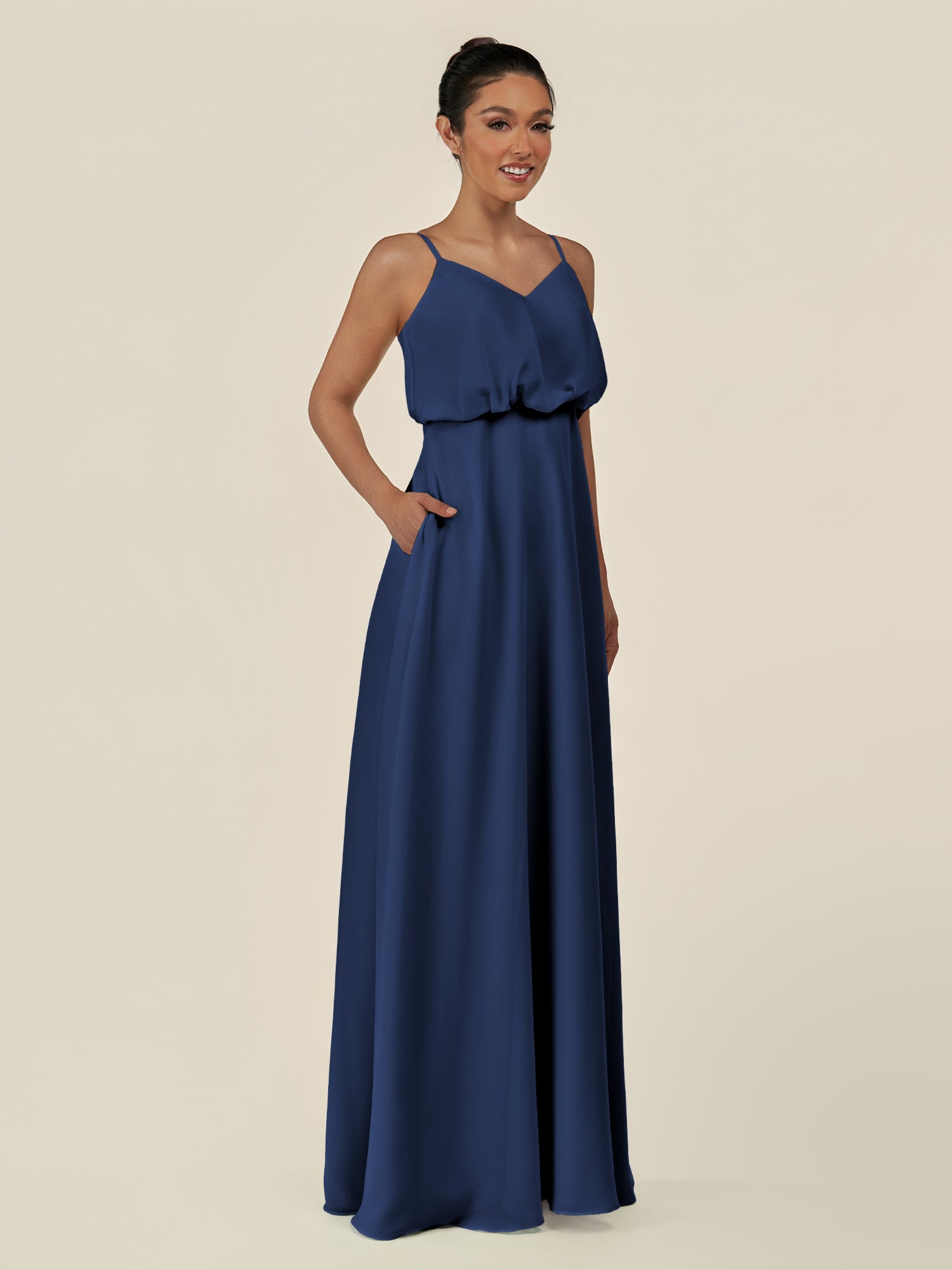 KissDress-Alix Navy A Line Chiffon V Neck Ruffled Overlay Long Bridesmaid Dress