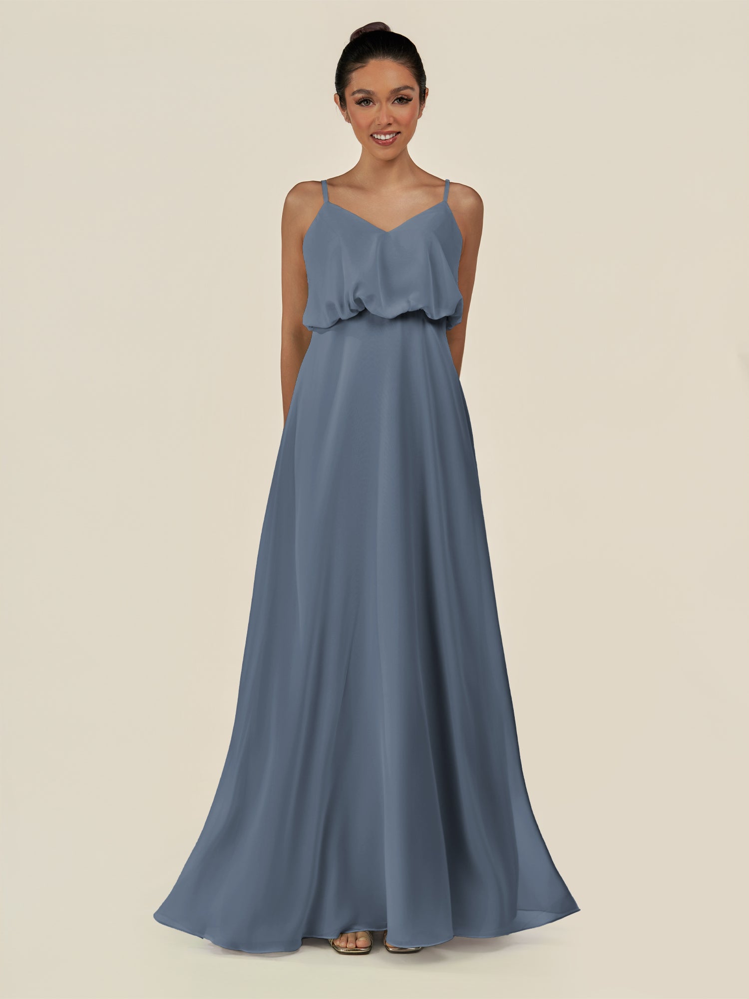 KissDress-Alix Neptune A Line Chiffon V Neck Ruffled Overlay Long Bridesmaid Dress