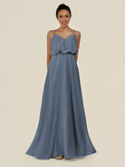 KissDress-Alix Neptune A Line Chiffon V Neck Ruffled Overlay Long Bridesmaid Dress