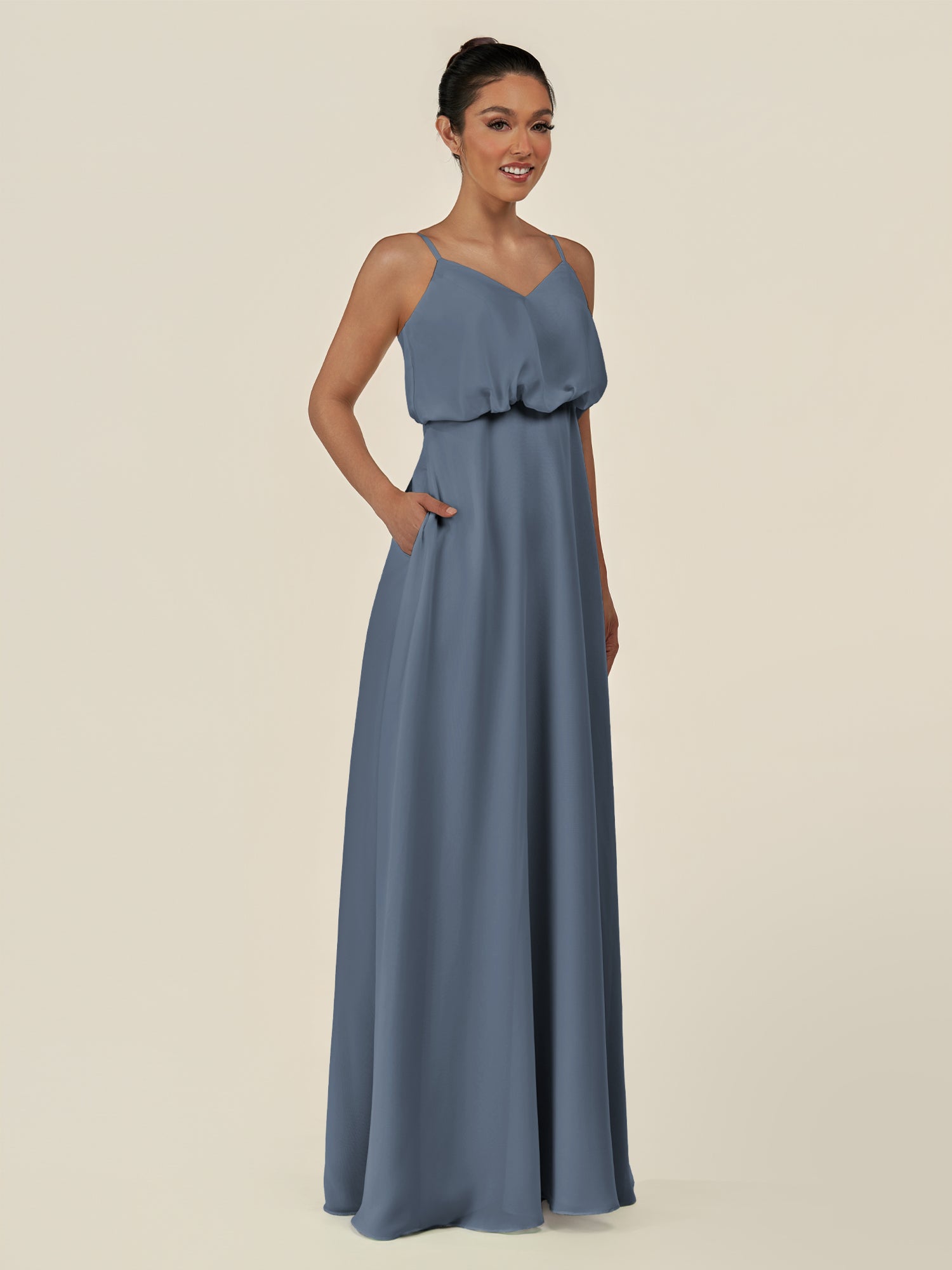 KissDress-Alix Neptune A Line Chiffon V Neck Ruffled Overlay Long Bridesmaid Dress