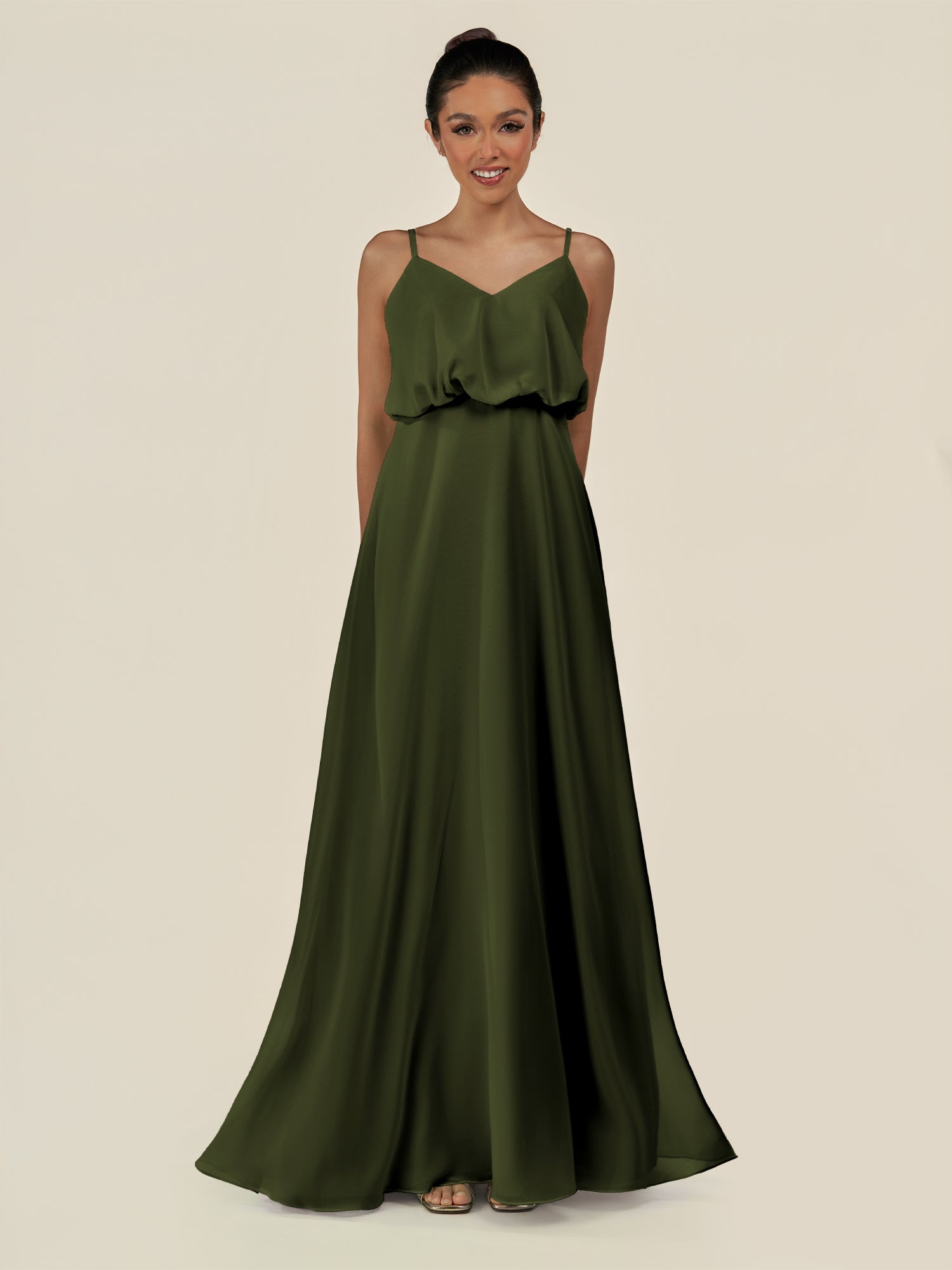 KissDress-Alix Olive A Line Chiffon V Neck Ruffled Overlay Long Bridesmaid Dress