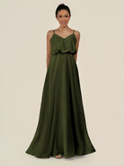 KissDress-Alix Olive A Line Chiffon V Neck Ruffled Overlay Long Bridesmaid Dress