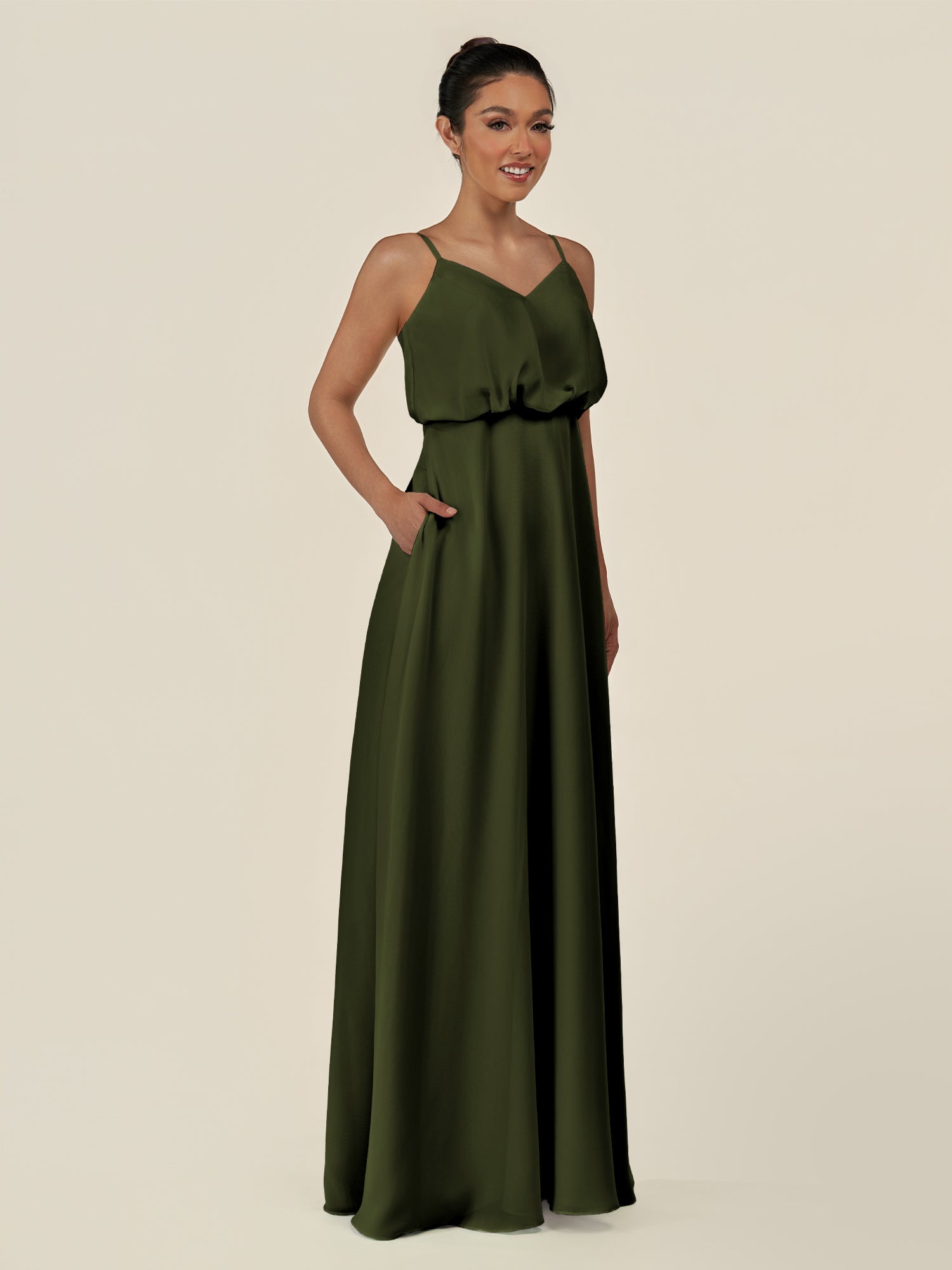 KissDress-Alix Olive A Line Chiffon V Neck Ruffled Overlay Long Bridesmaid Dress