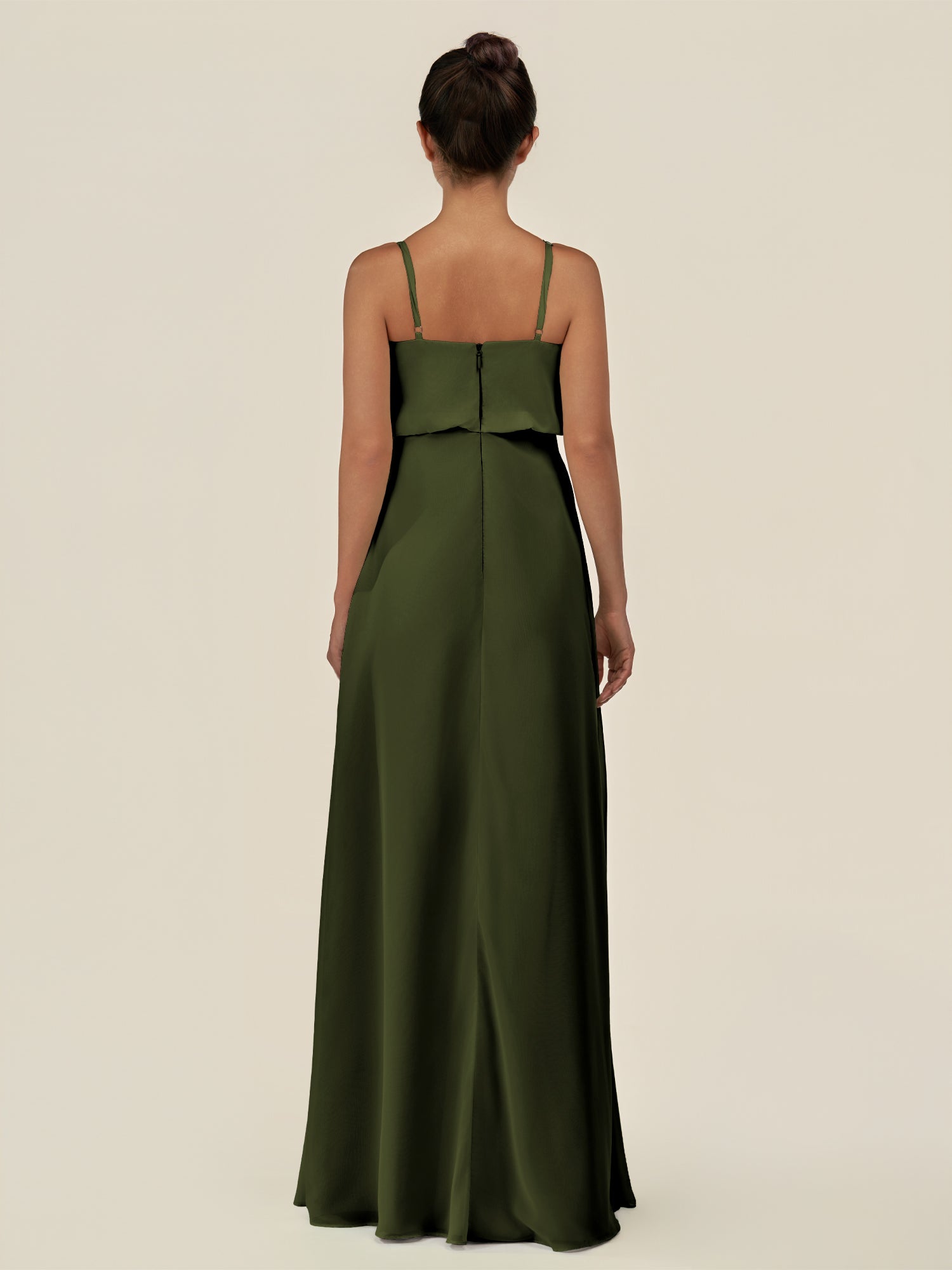 KissDress-Alix Olive A Line Chiffon V Neck Ruffled Overlay Long Bridesmaid Dress