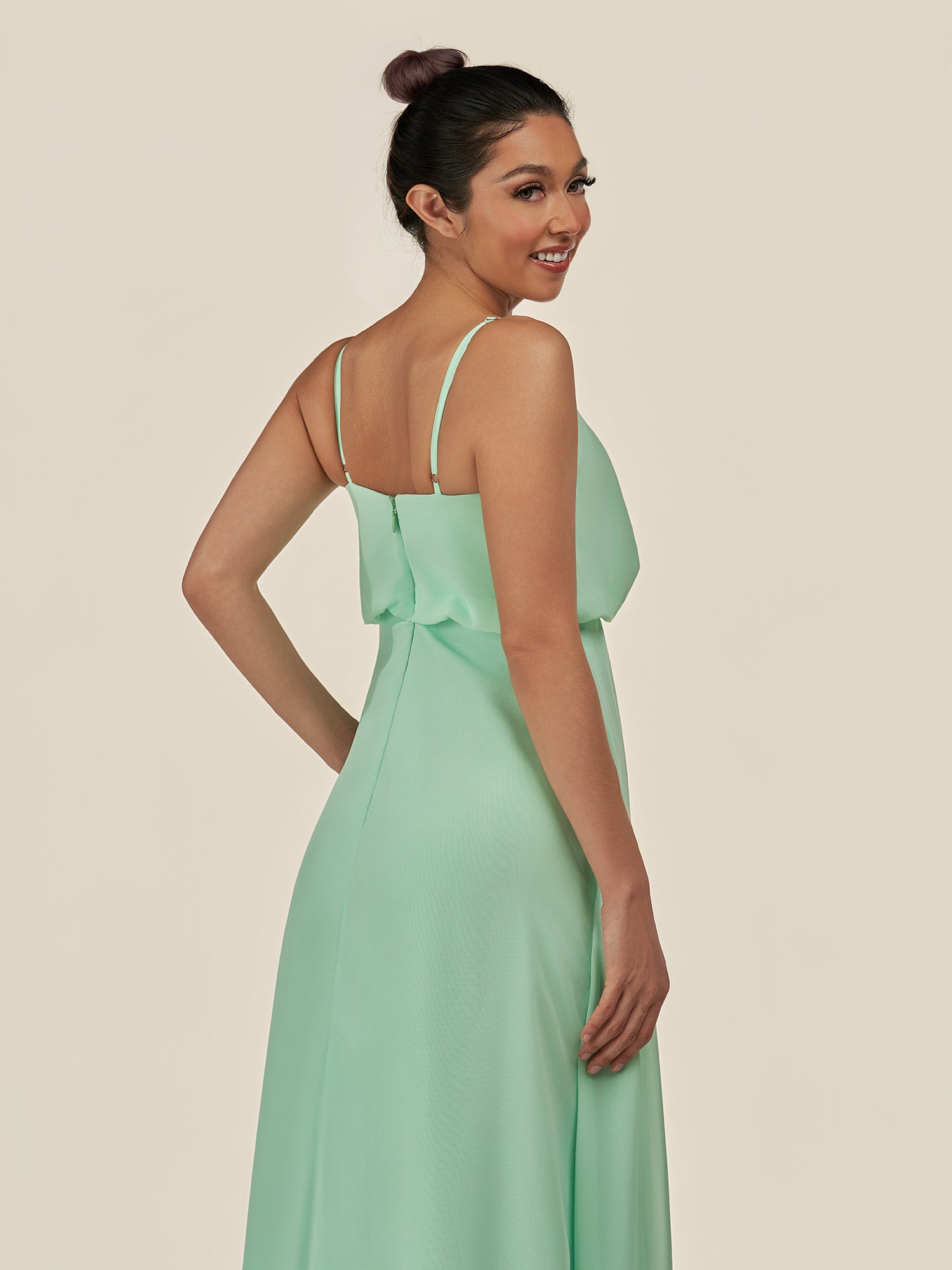 KissDress-Alix Pale Pistachio A Line Chiffon V Neck Ruffled Overlay Long Bridesmaid Dress
