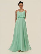 KissDress-Alix Pale Pistachio A Line Chiffon V Neck Ruffled Overlay Long Bridesmaid Dress