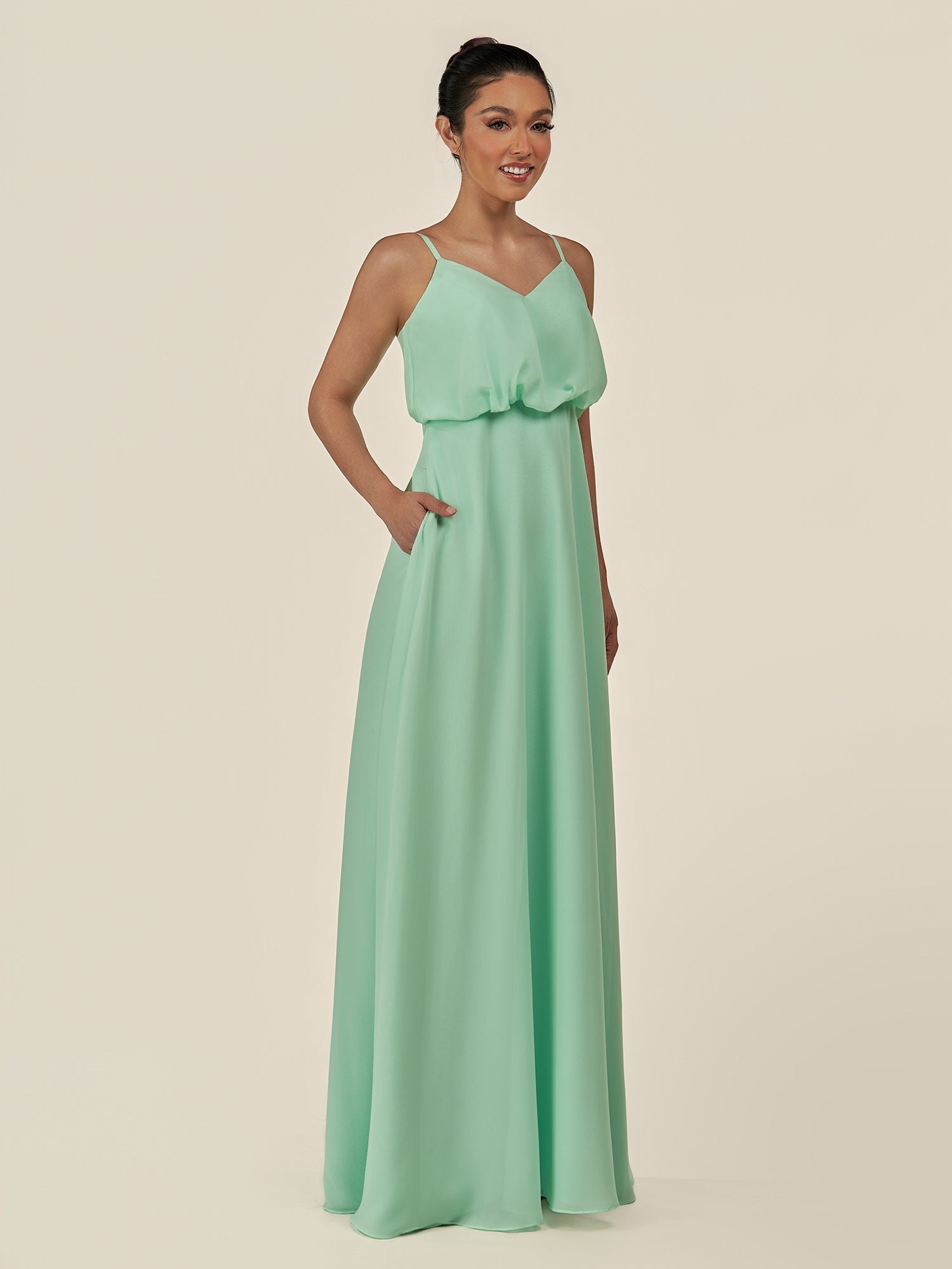 KissDress-Alix Pale Pistachio A Line Chiffon V Neck Ruffled Overlay Long Bridesmaid Dress