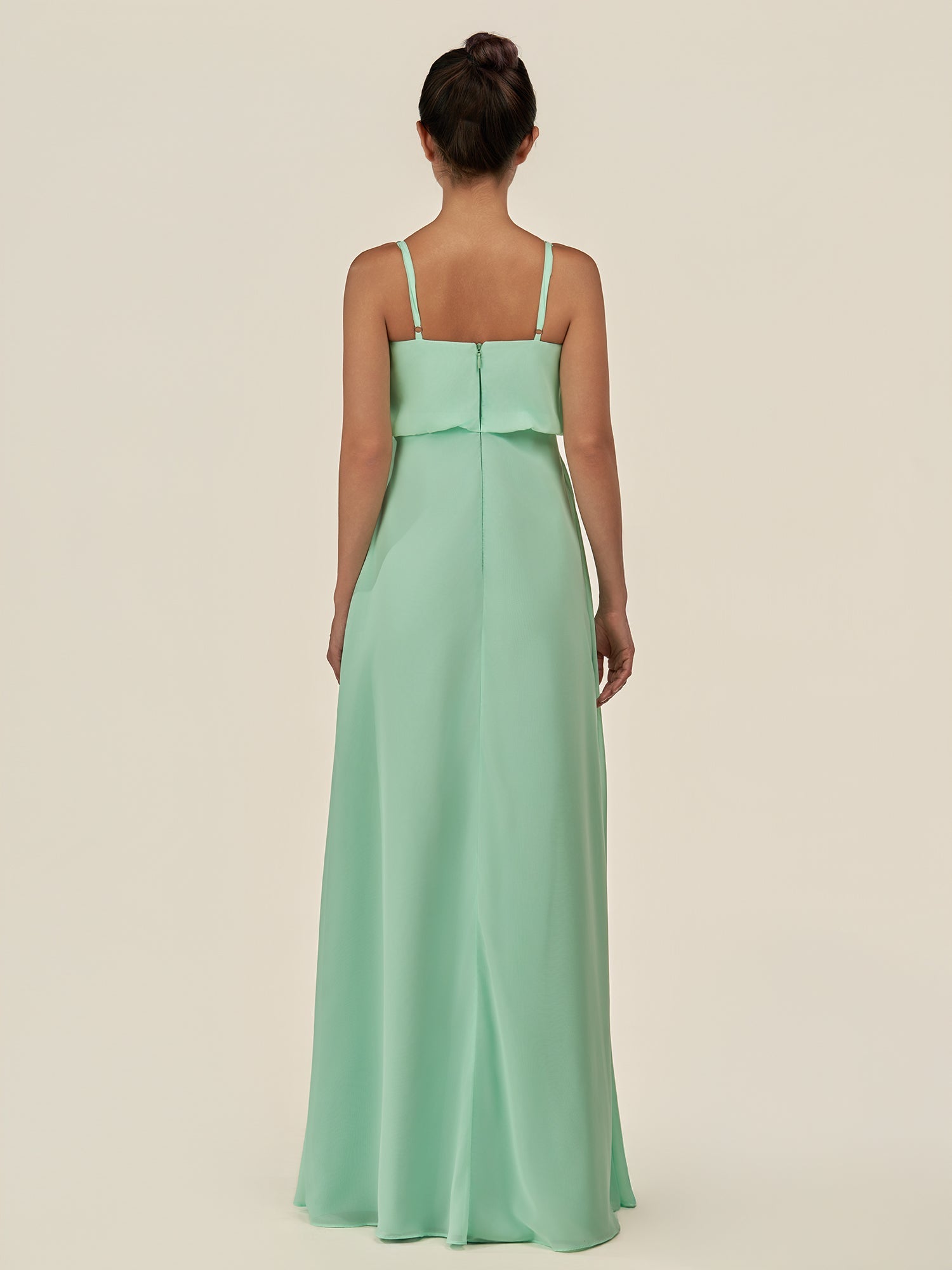 KissDress-Alix Pale Pistachio A Line Chiffon V Neck Ruffled Overlay Long Bridesmaid Dress