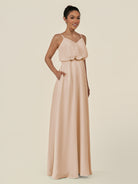 KissDress-Alix Pale Blush A Line Chiffon V Neck Ruffled Overlay Long Bridesmaid Dress