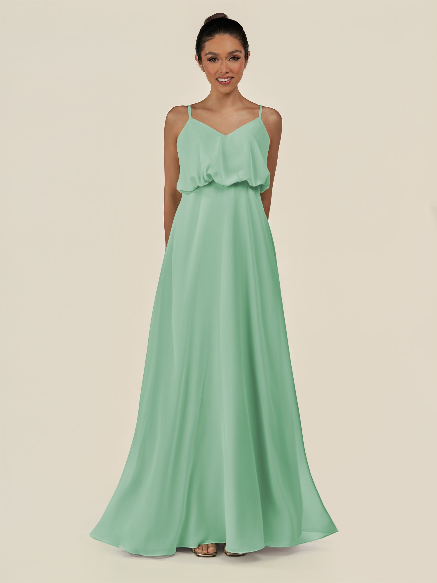 KissDress-Alix Pale Pistachio A Line Chiffon V Neck Ruffled Overlay Long Bridesmaid Dress