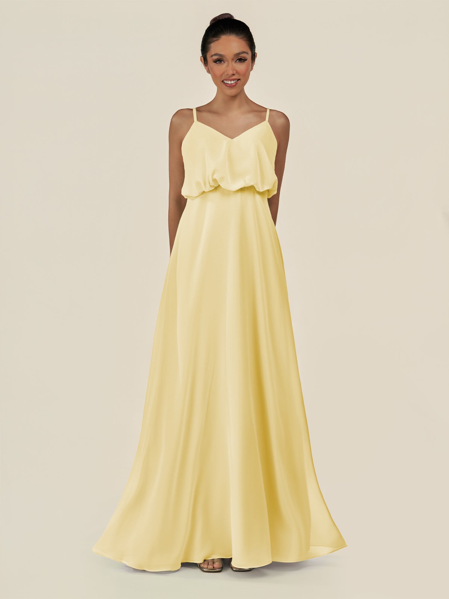 KissDress-Alix Pastel Yellow A Line Chiffon V Neck Ruffled Overlay Long Bridesmaid Dress