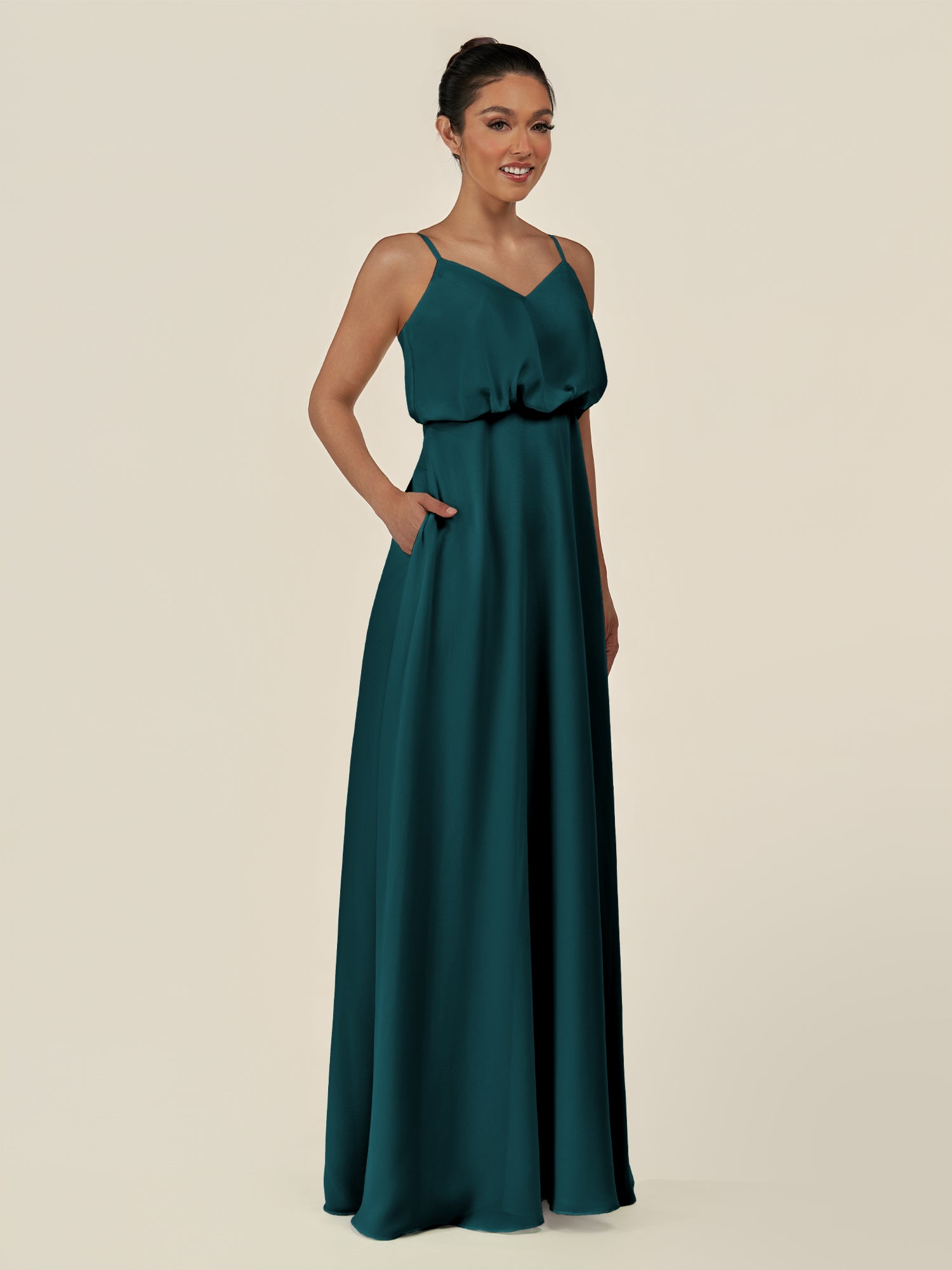 KissDress-Alix Pine A Line Chiffon V Neck Ruffled Overlay Long Bridesmaid Dress