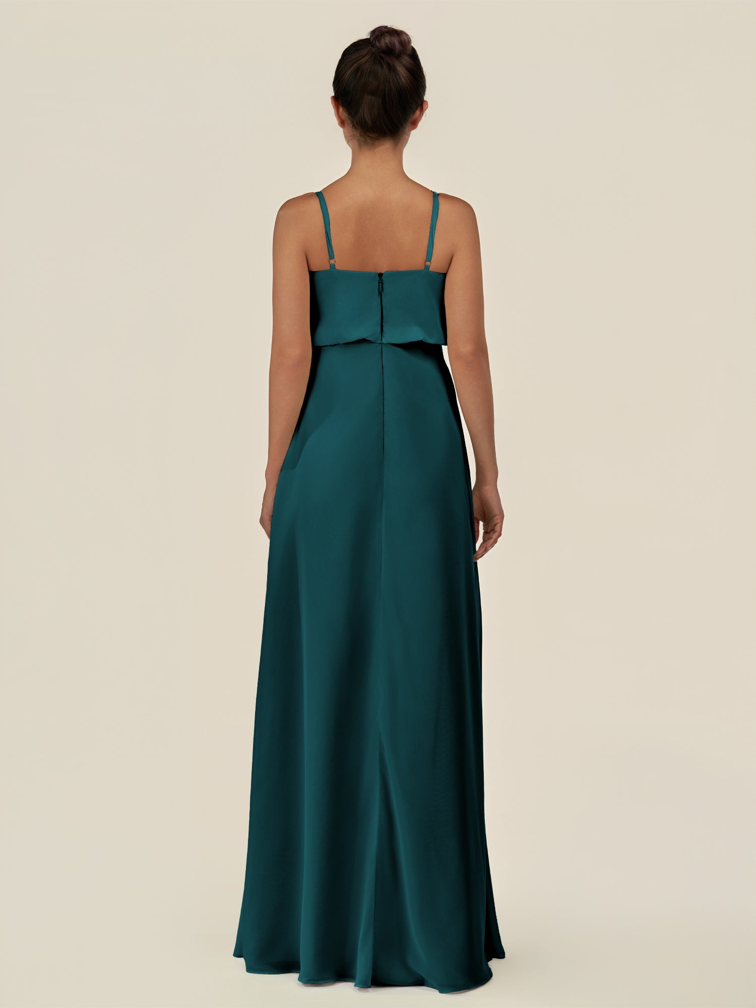 KissDress-Alix Pine A Line Chiffon V Neck Ruffled Overlay Long Bridesmaid Dress