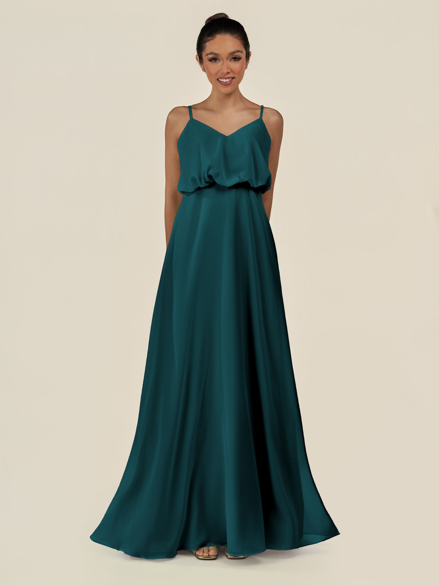 KissDress-Alix Pine A Line Chiffon V Neck Ruffled Overlay Long Bridesmaid Dress