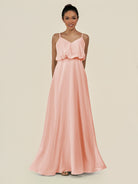 KissDress-Alix Rose Petal A Line Chiffon V Neck Ruffled Overlay Long Bridesmaid Dress