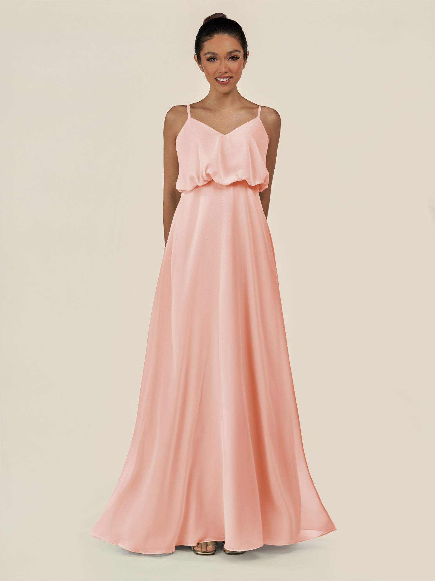 KissDress-Alix Rose Petal A Line Chiffon V Neck Ruffled Overlay Long Bridesmaid Dress