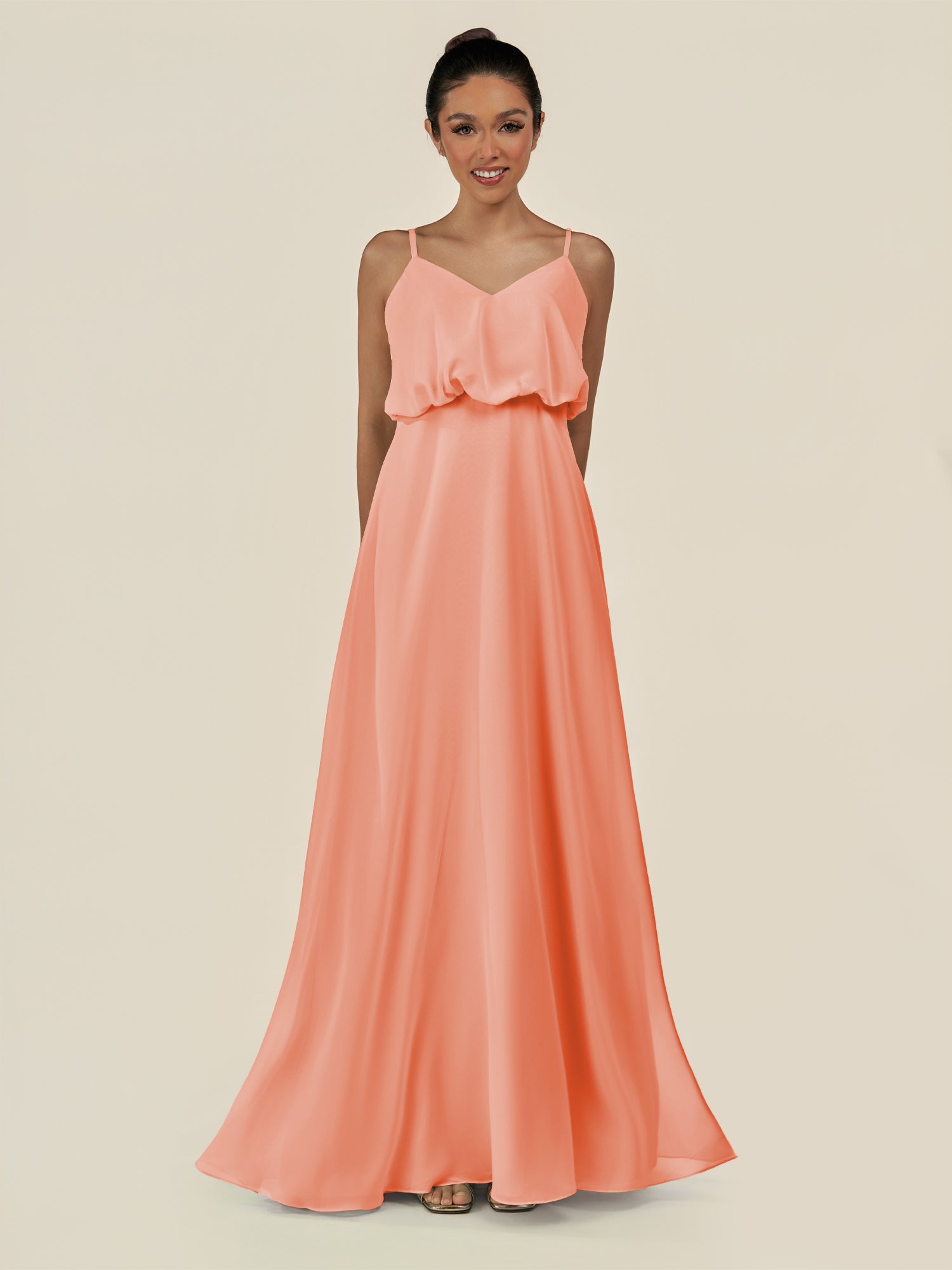 KissDress-Alix Rosette A Line Chiffon V Neck Ruffled Overlay Long Bridesmaid Dress