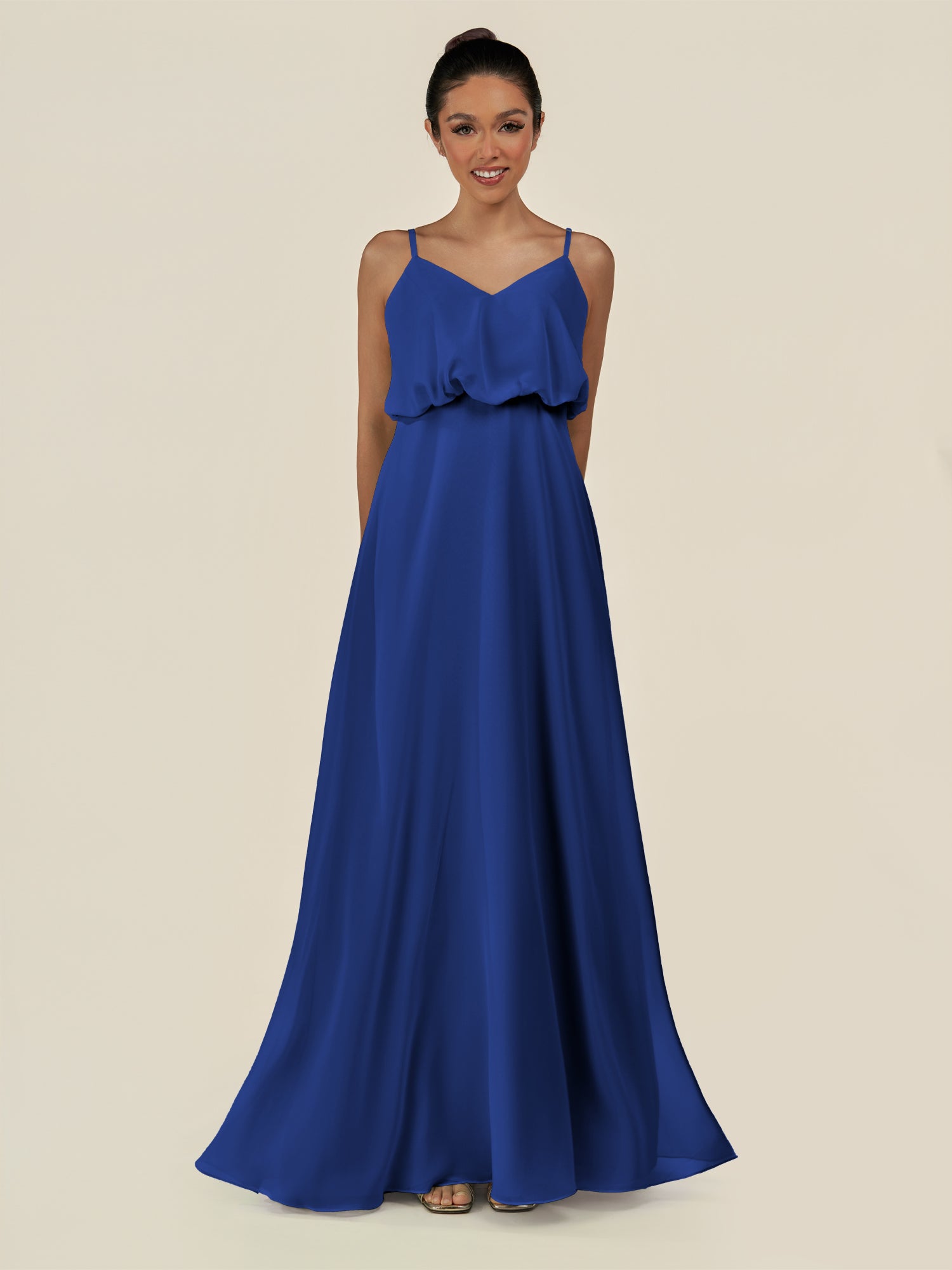 KissDress-Alix Royal Blue A Line Chiffon V Neck Ruffled Overlay Long Bridesmaid Dress