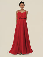 KissDress-Alix Ruby Red A Line Chiffon V Neck Ruffled Overlay Long Bridesmaid Dress