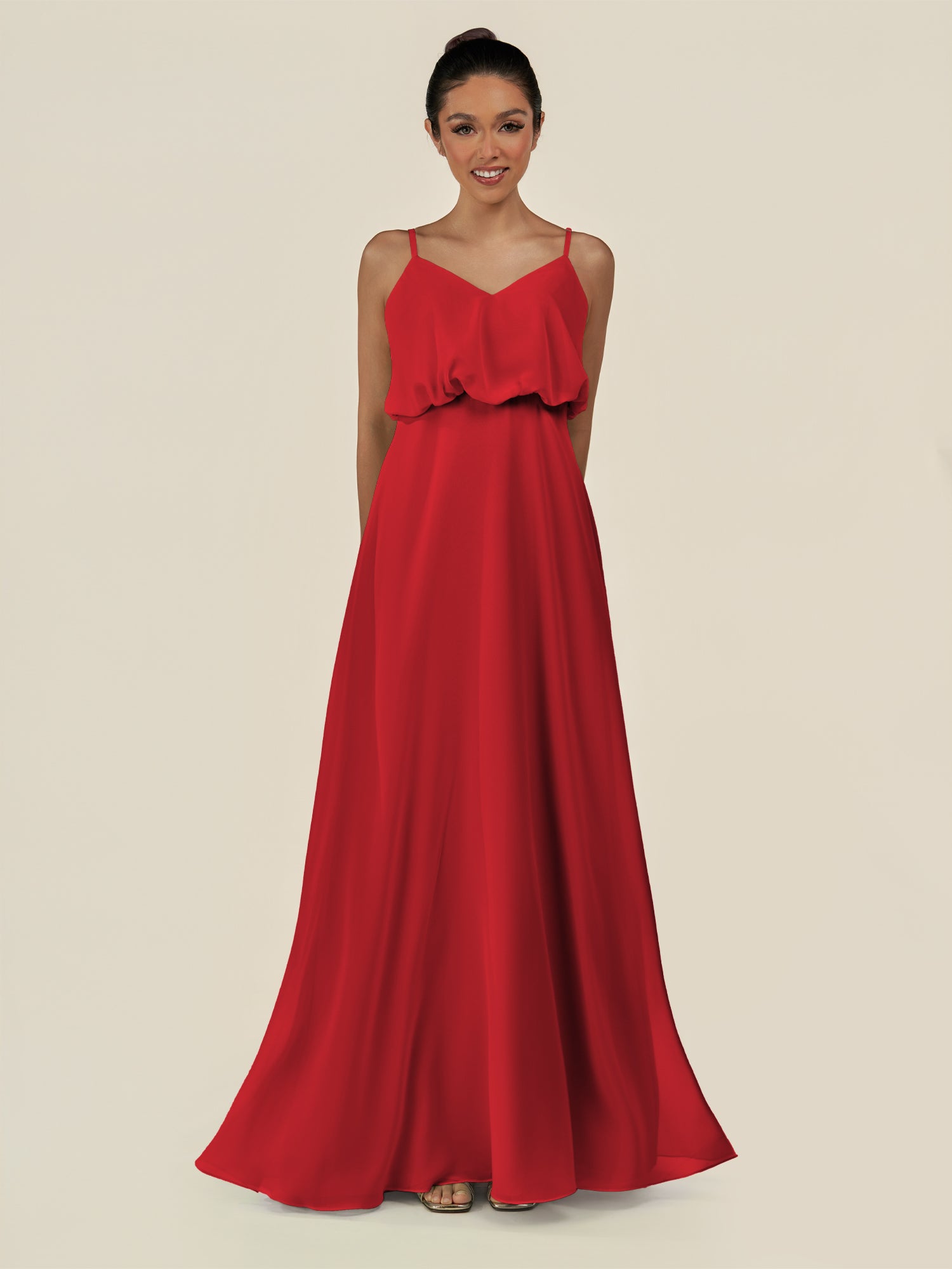 KissDress-Alix Ruby Red A Line Chiffon V Neck Ruffled Overlay Long Bridesmaid Dress