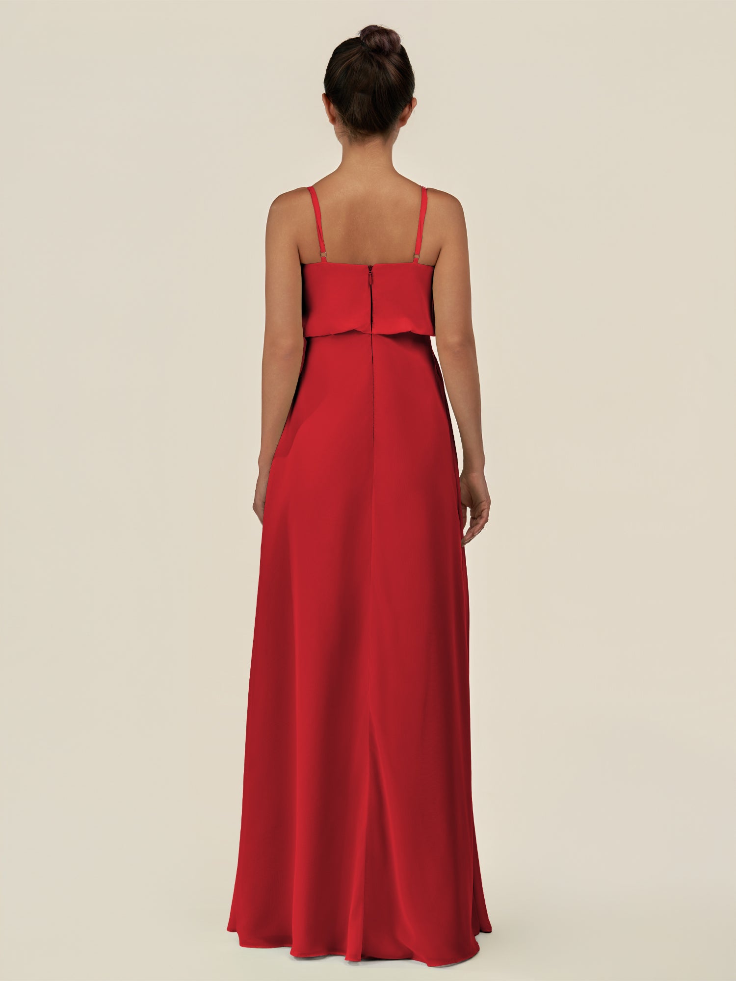 KissDress-Alix Ruby Red A Line Chiffon V Neck Ruffled Overlay Long Bridesmaid Dress