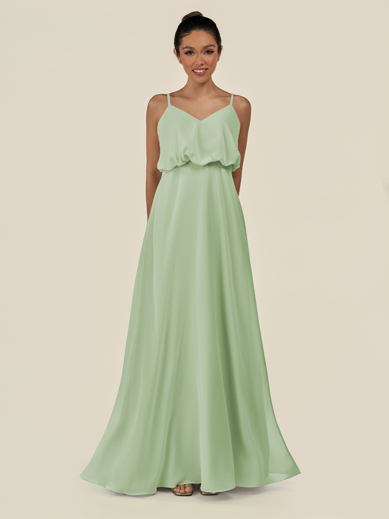 KissDress-Alix Sage A Line Chiffon V Neck Ruffled Overlay Long Bridesmaid Dress