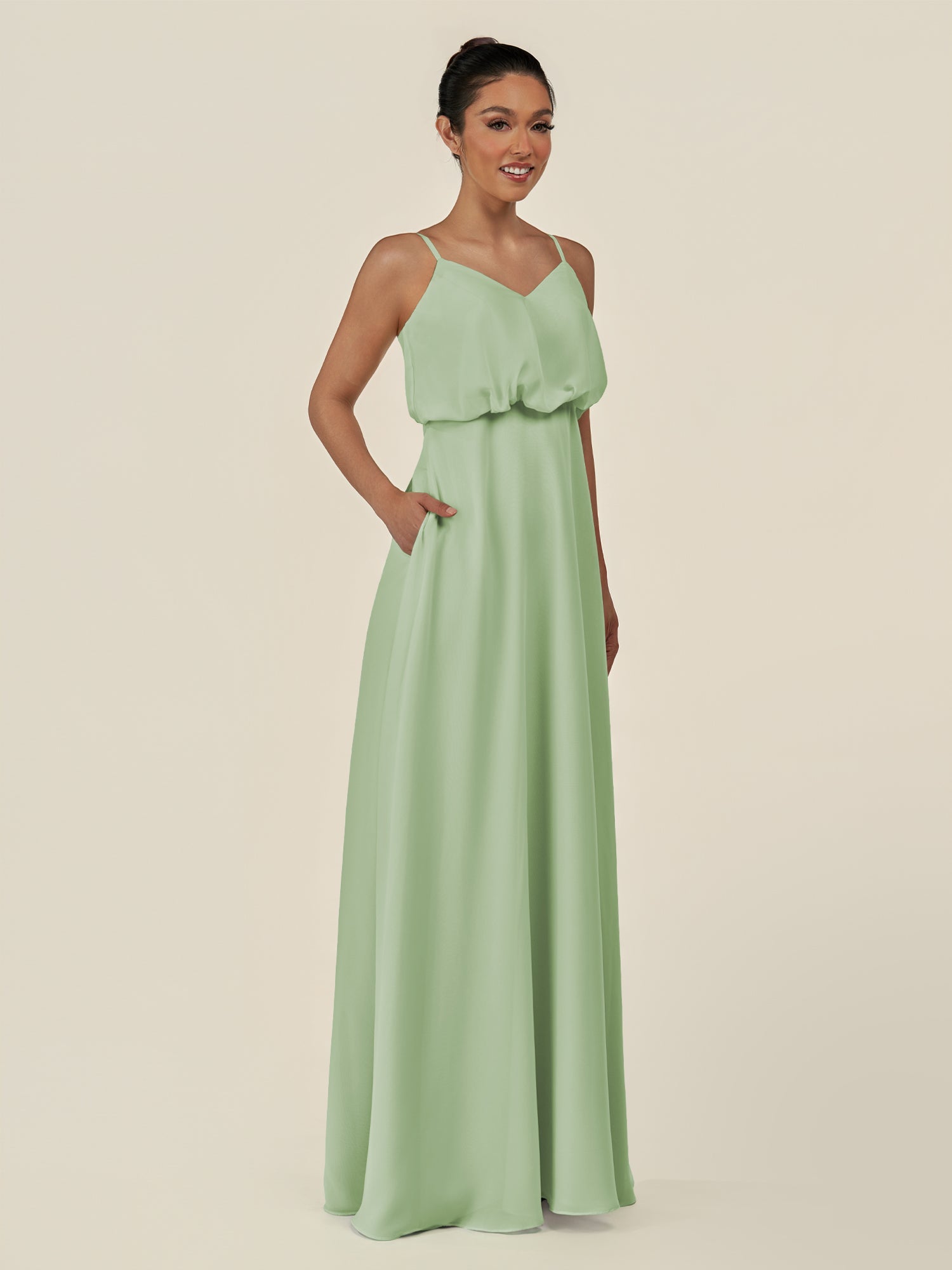 KissDress-Alix Sage A Line Chiffon V Neck Ruffled Overlay Long Bridesmaid Dress