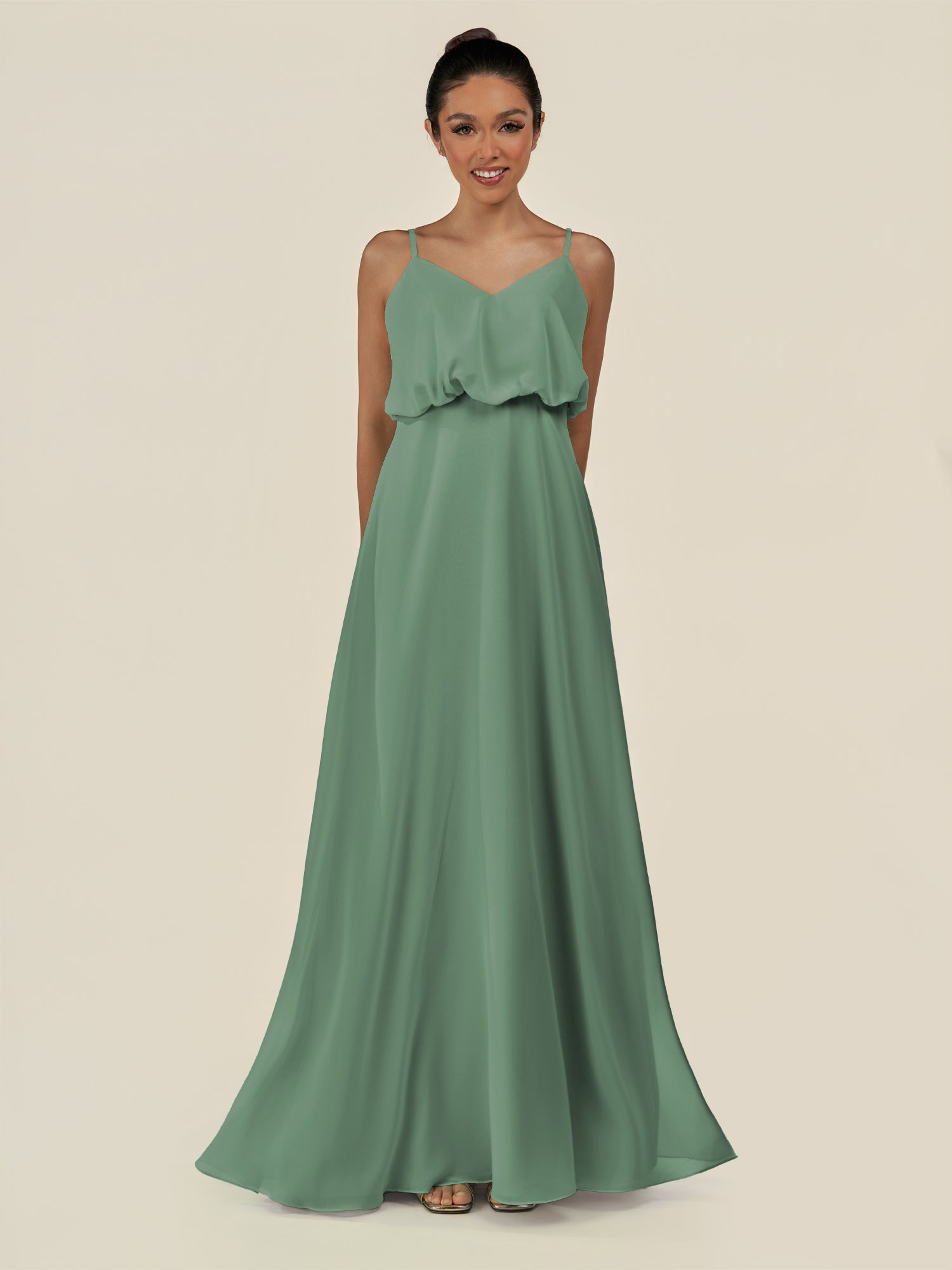 KissDress-Alix Sea Glass A Line Chiffon V Neck Ruffled Overlay Long Bridesmaid Dress