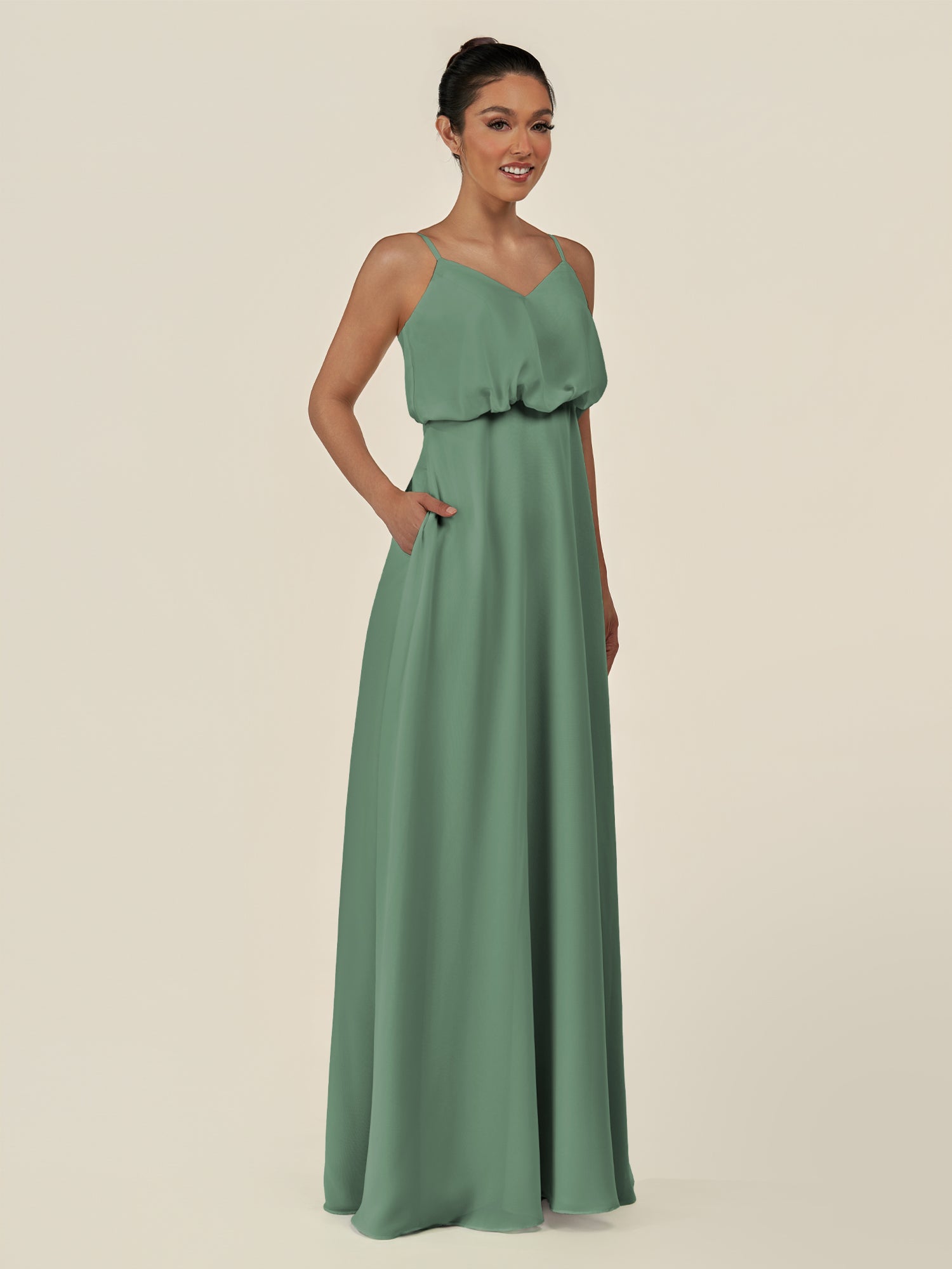 KissDress-Alix Sea Glass A Line Chiffon V Neck Ruffled Overlay Long Bridesmaid Dress