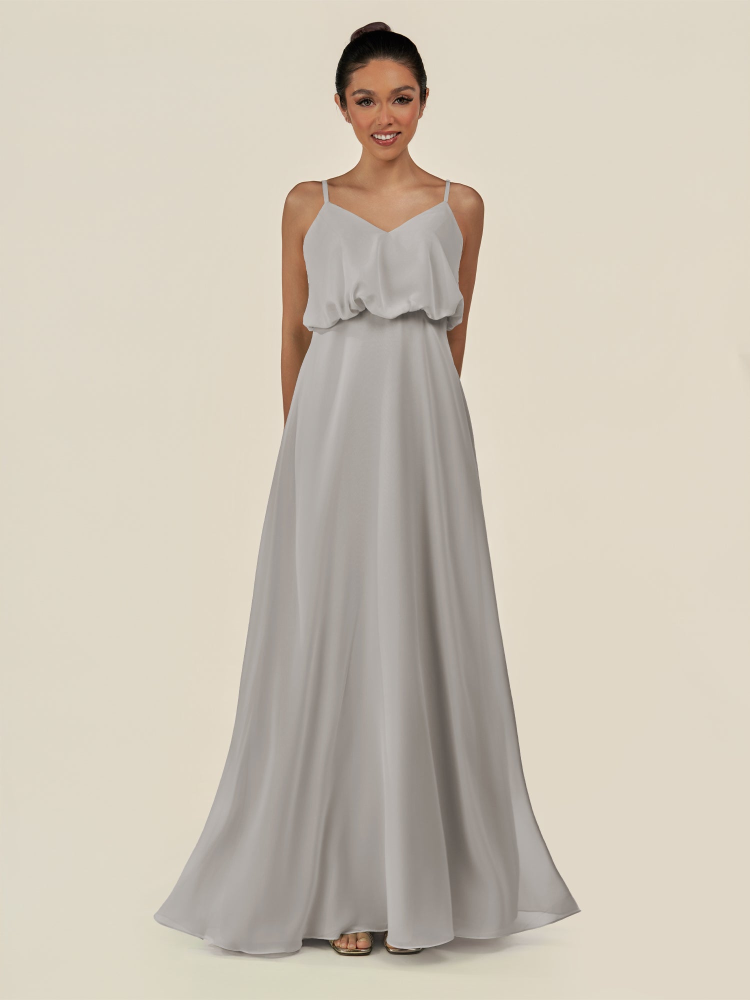 KissDress-Alix Silver A Line Chiffon V Neck Ruffled Overlay Long Bridesmaid Dress