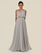 KissDress-Alix Silver A Line Chiffon V Neck Ruffled Overlay Long Bridesmaid Dress