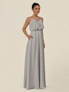 KissDress-Alix Silver A Line Chiffon V Neck Ruffled Overlay Long Bridesmaid Dress